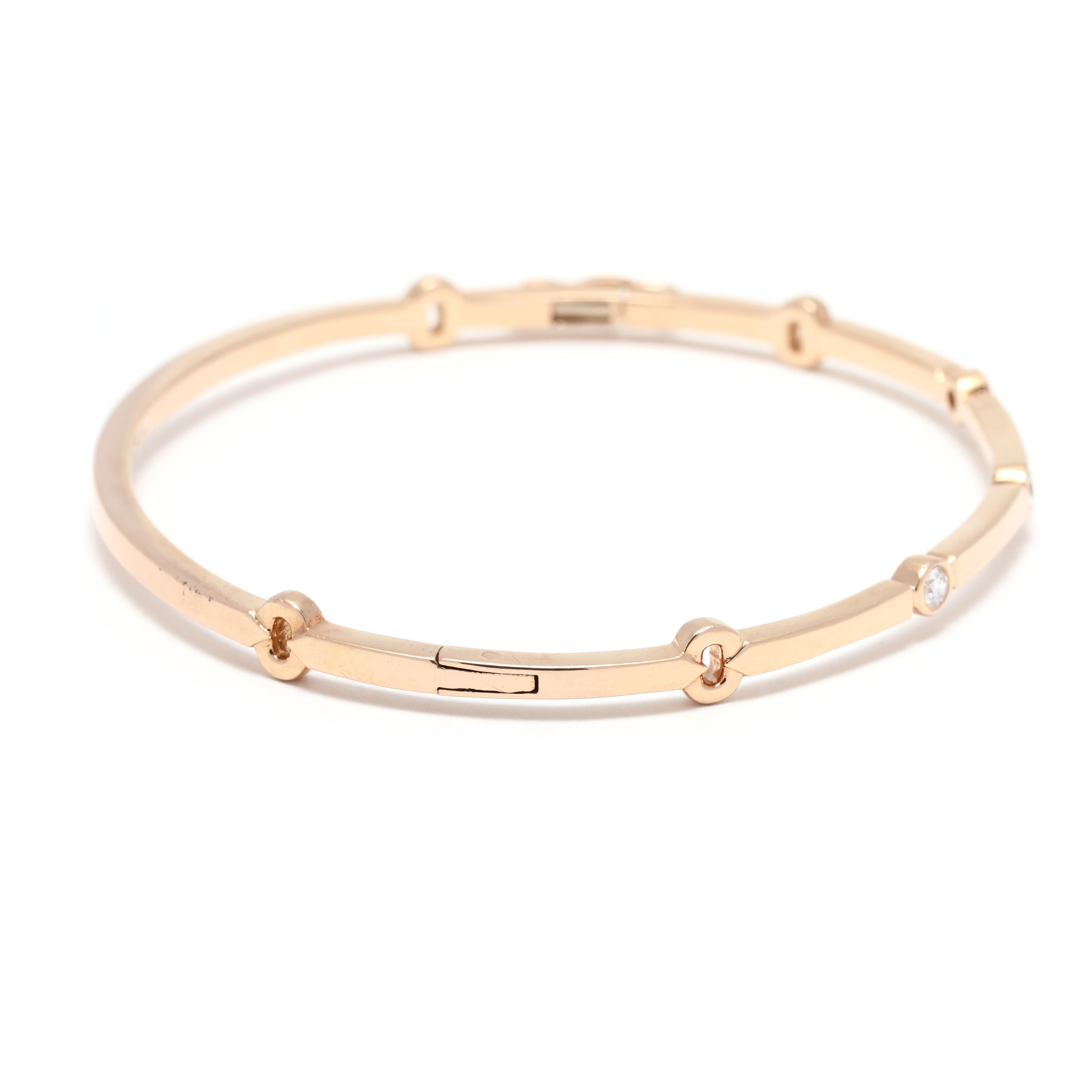 This exquisite Hearts on Fire .15ctw Diamond Bangle Bracelet is crafted in 18K Rose Gold and features a hinged design. The diamond bangle showcases an array of multi-stone stones, and has a length of 6.75 inches. Perfect for any special occasion,