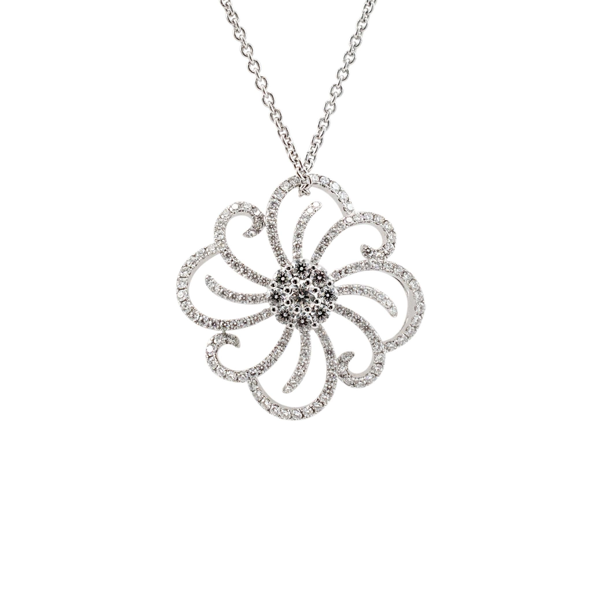 Brand: HOF Co.

Gender: Ladies

Metal Type: 18K White Gold 

Chain Length:  15.00 inches 

Pendant Diameter: 26.00 mm

Chain Width: 1.45 mm

Chain Weight: 3.34 Grams

Pendant Weight: 5.32 Grams

18K white gold cable link chain.  The metal was tested
