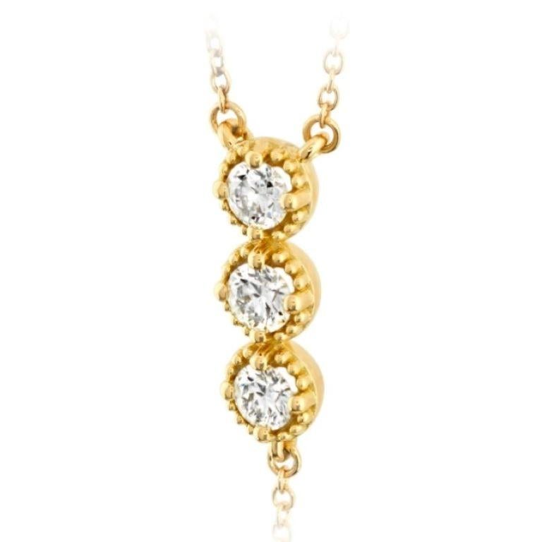 18k yellow gold Lilliana Milgrain lariat necklace. 0.34 -0.42 carat total weight of Heart On Fire diamonds. G-H color and VS-SI clarity. 18 inch chain.
