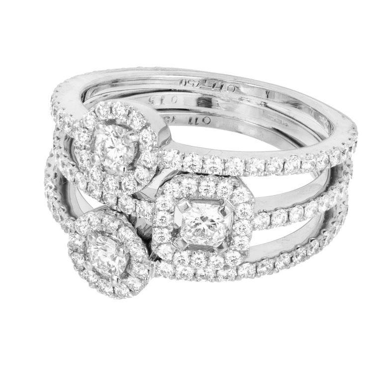 Three Hearts on Fire Repertoire Select Dream Diamond 3 band stack-able ring, soldered together. Each ring is stamped HOF and 18k. 

1 square diamond approx. weight: .20ct VS, F-G
2 round diamond approx. weight: .22ct VS, F-G
130 round diamonds