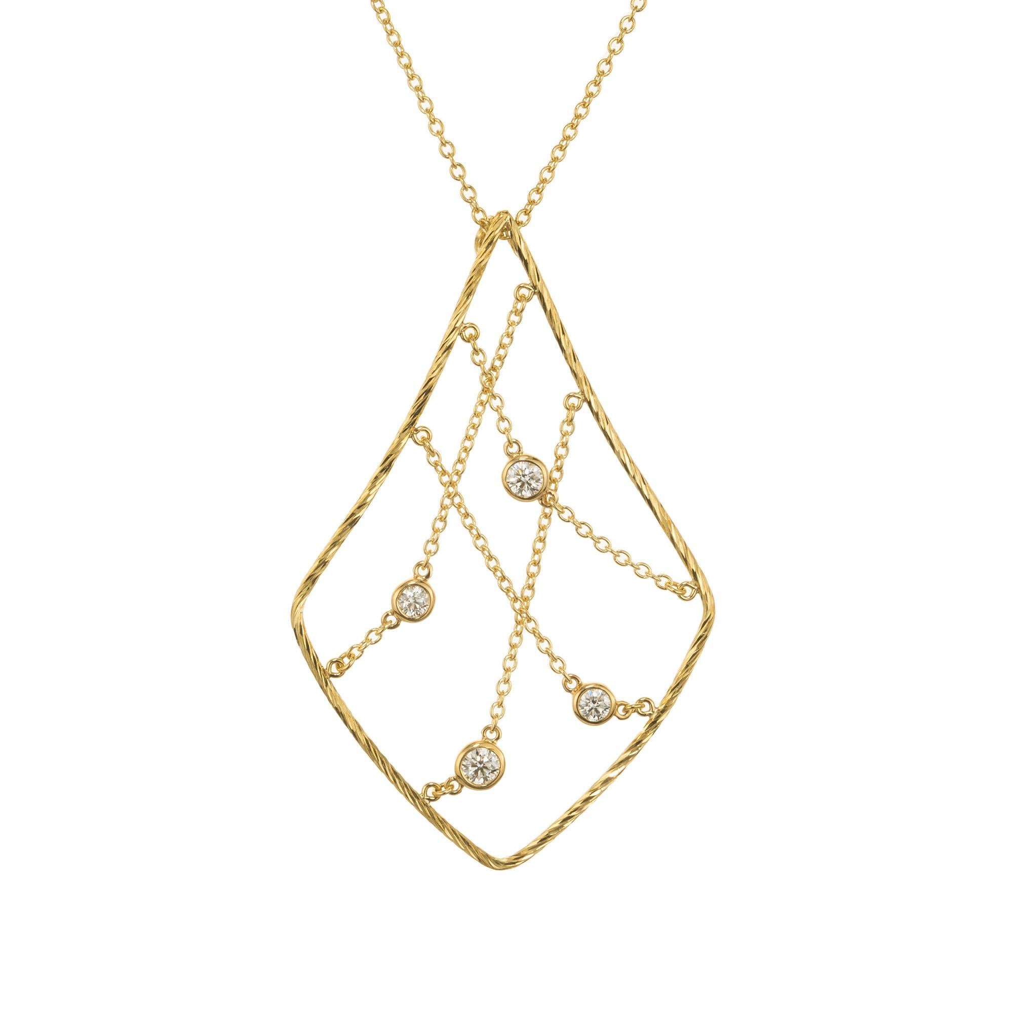 An energetic contemporary Hearts On Fire pendant with 4 ideal cut round diamonds with a weight of .33 carats set in 18k yellow gold. The piece features a kite shaped rim with bezel-set diamonds and curb link chains that move and shift along with the