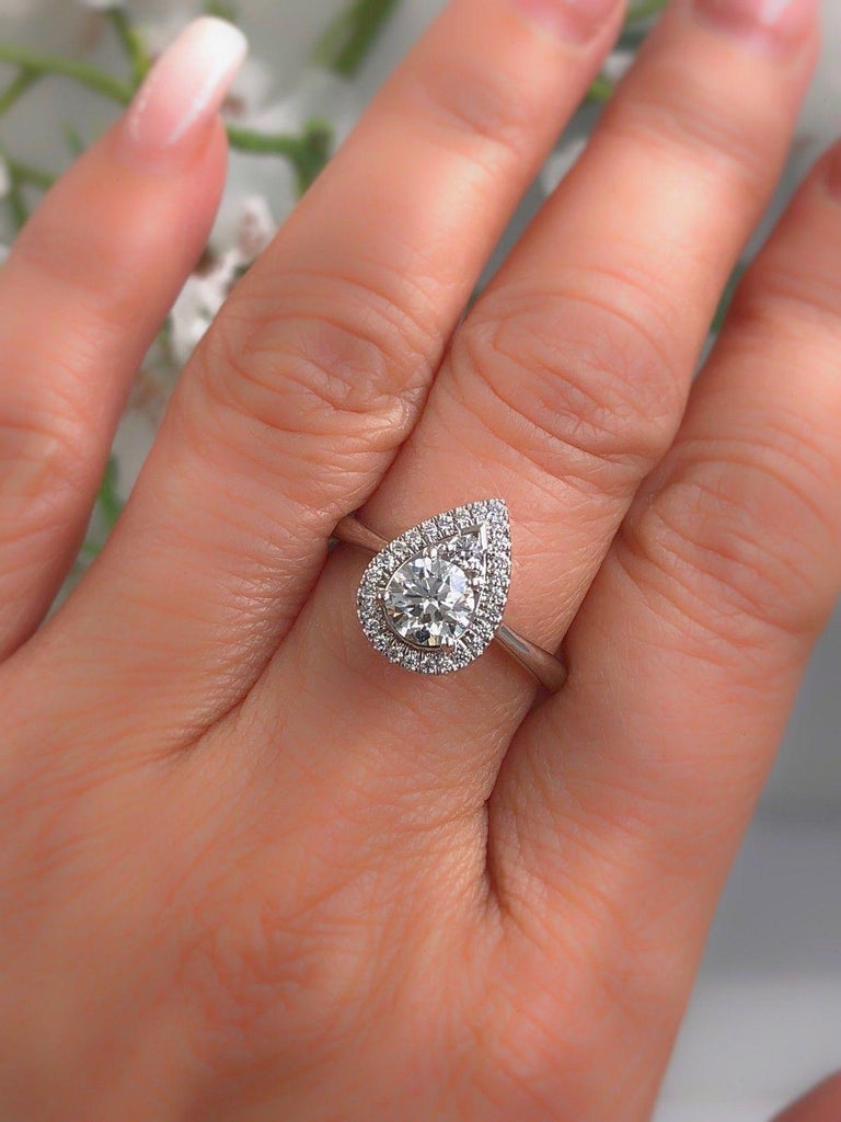 Hearts on Fire Destiny Teardrop Shape Halo Engagement Ring Round 0.88
