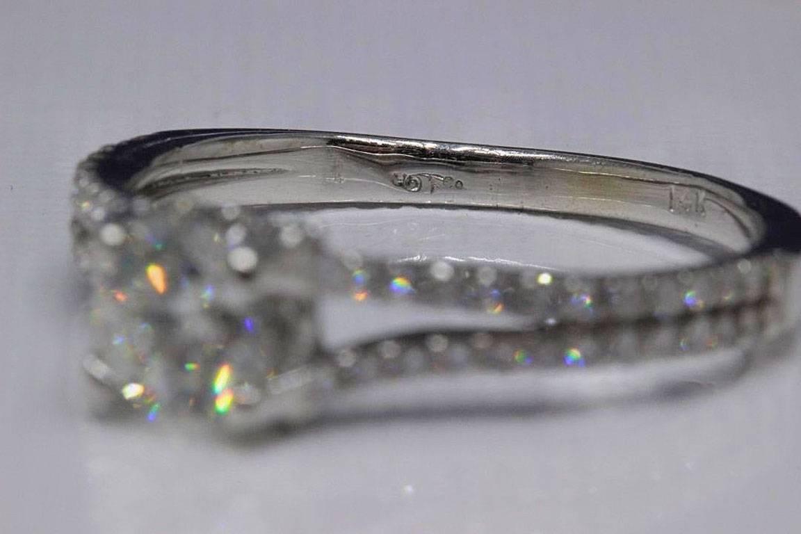 Round Cut Hearts on Fire Split Shank 1.50 Carat Diamond Ring in 14 Karat White Gold For Sale