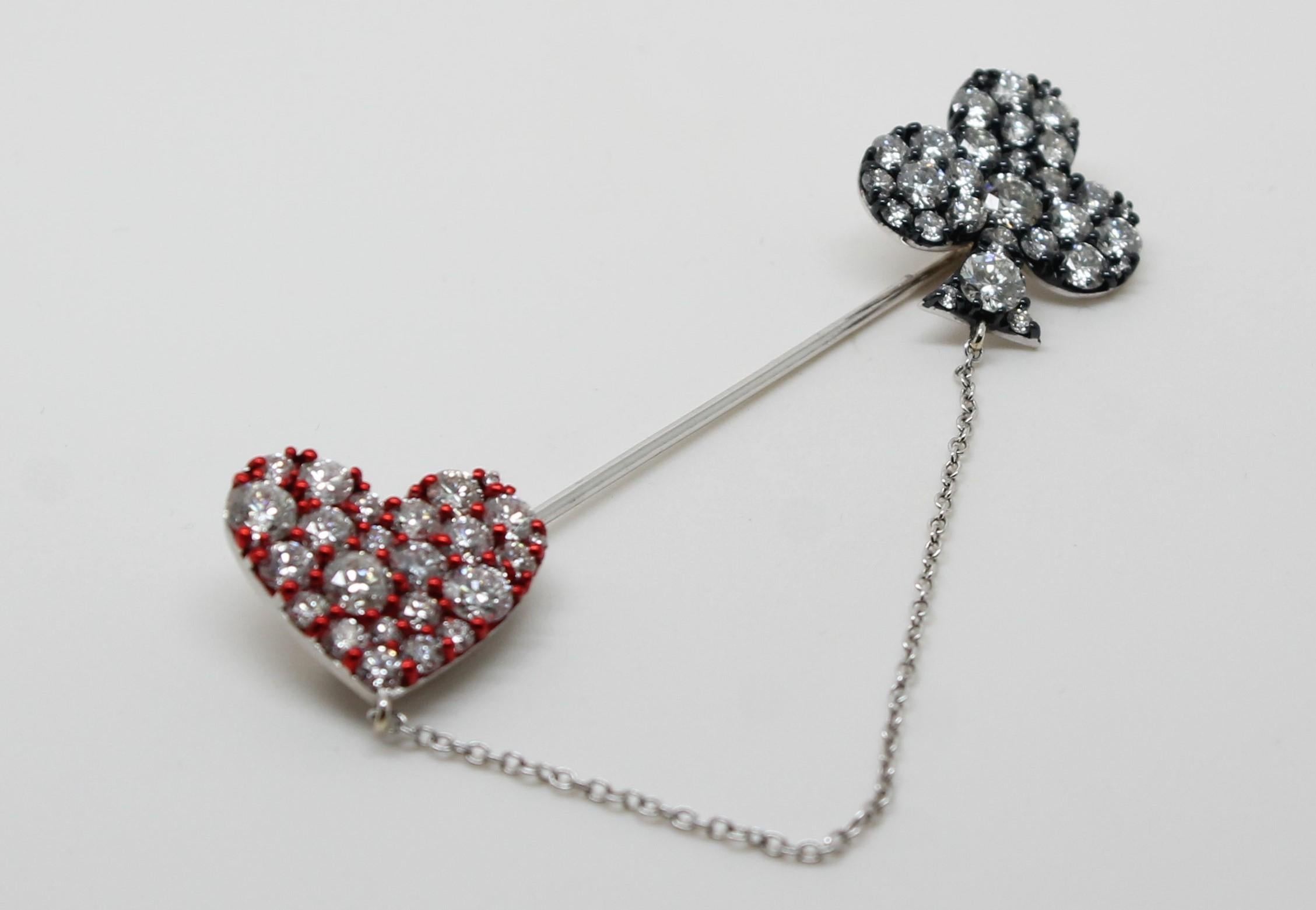 Rose Cut Hearts and Spades White Rose-Cut Diamonds Red&Black E-Coated Brooch For Sale