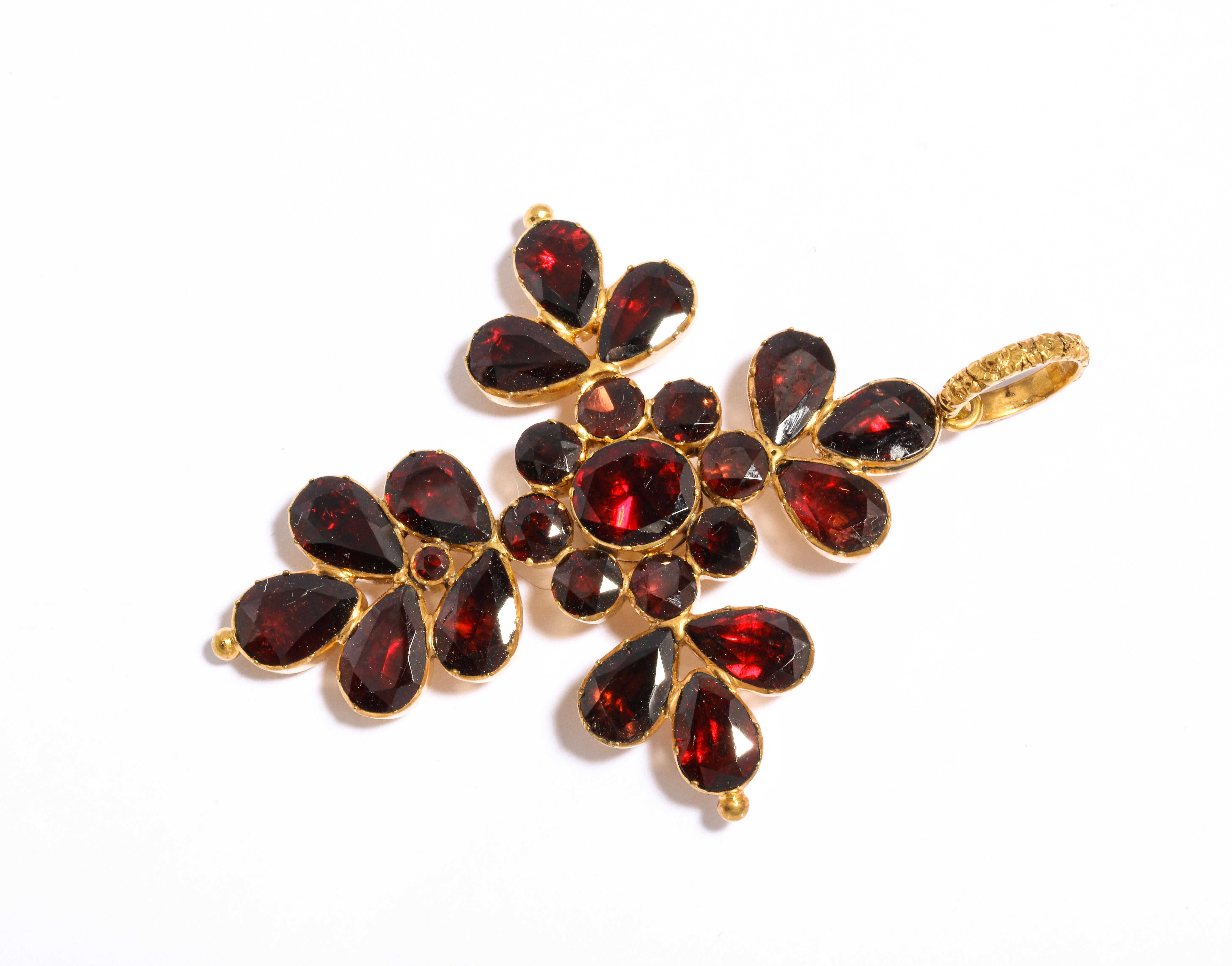 George III Heartwarming Georgian Garnet Cross with Floral Form, c. 1820-30