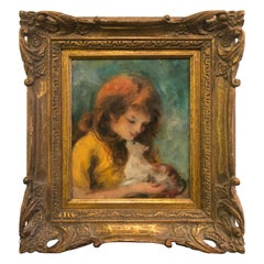 Heartwarming Vintage Painting of Girl with Cat in Giltwood Frame