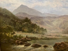 Antique British paesaggio fluviale a olio con due figure che pescano nel Wales settentrionale