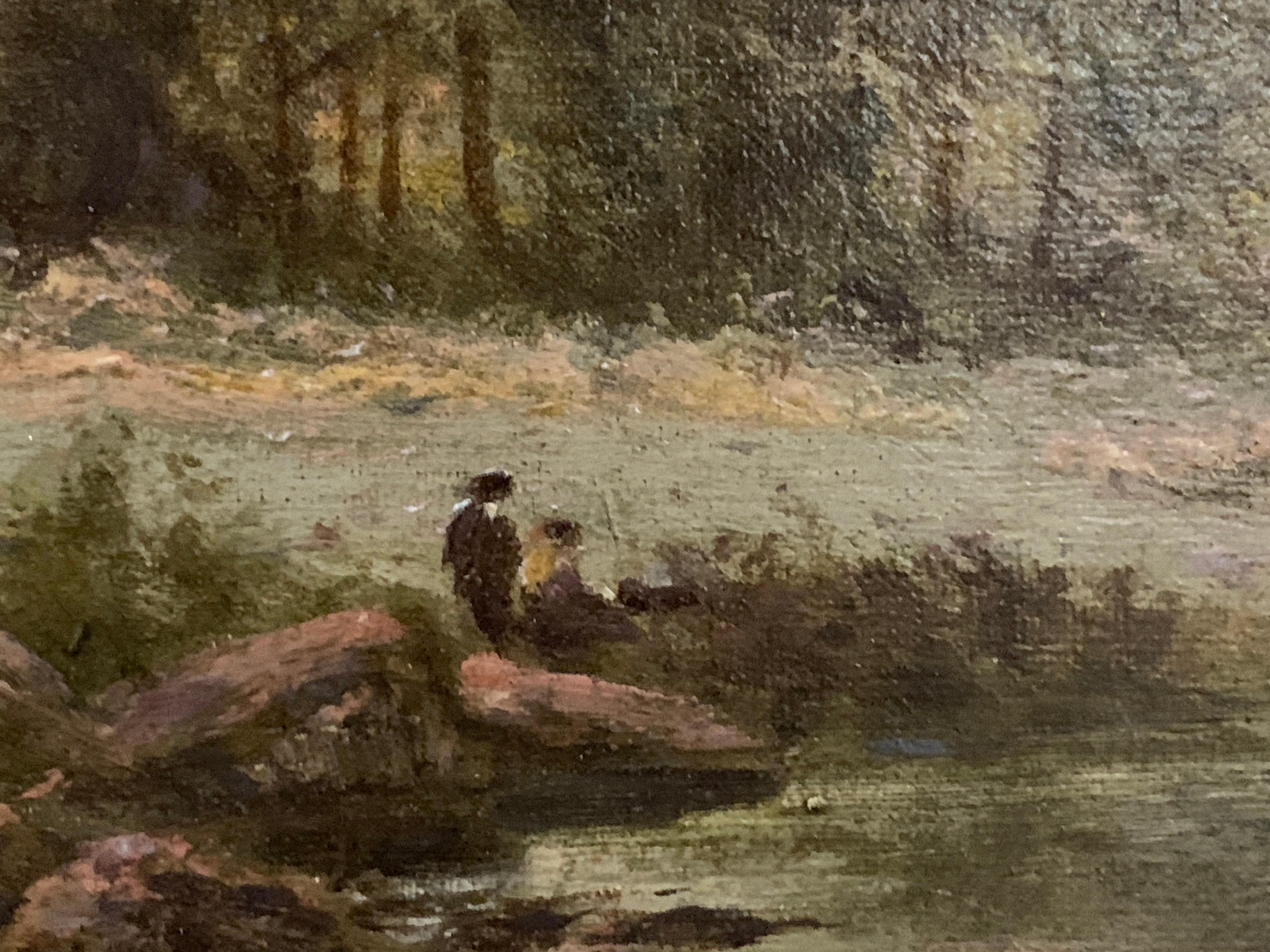Paysage fluvial britannique ancien à l'huile représentant deux personnages pêchent au nord du Pays de Galles - Victorien Painting par H.East