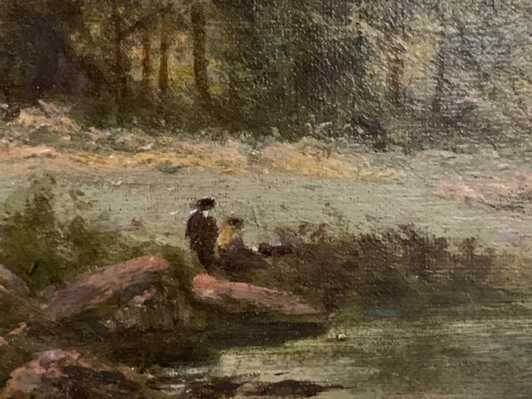 Antique British river landscape in oils with two figures fished in North Wales - Victorian Painting by H.East