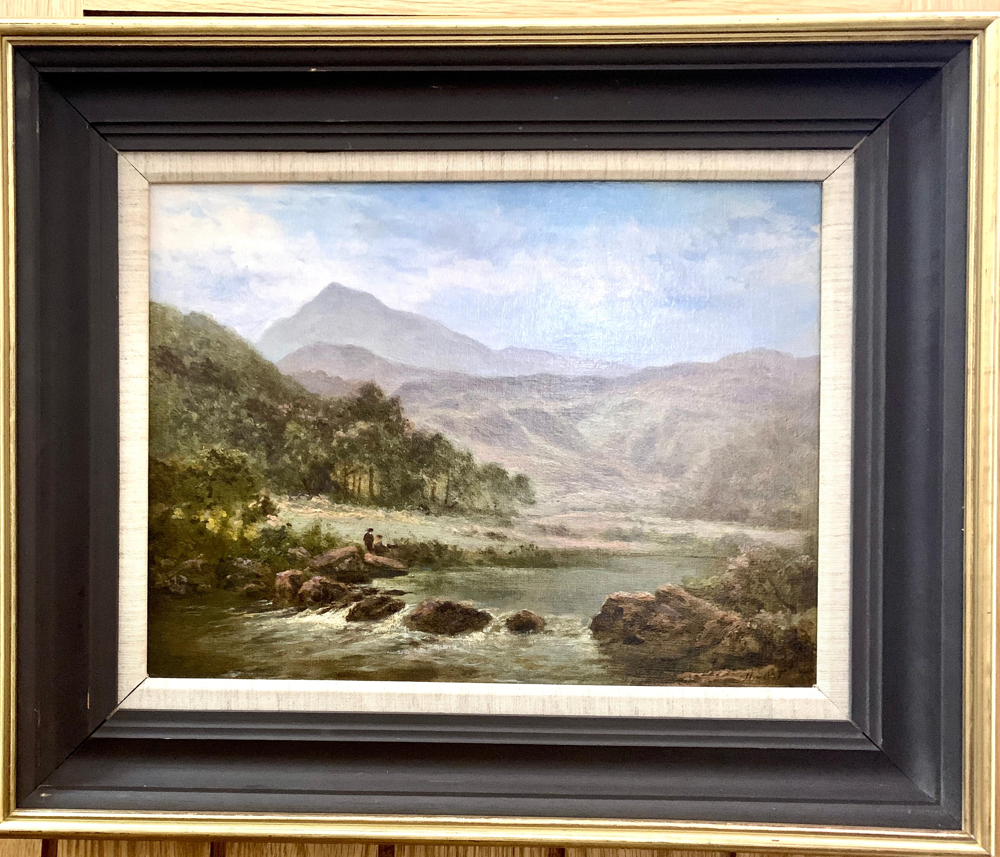 H.East Figurative Painting - Antique British river landscape in oils with two figures fished in North Wales