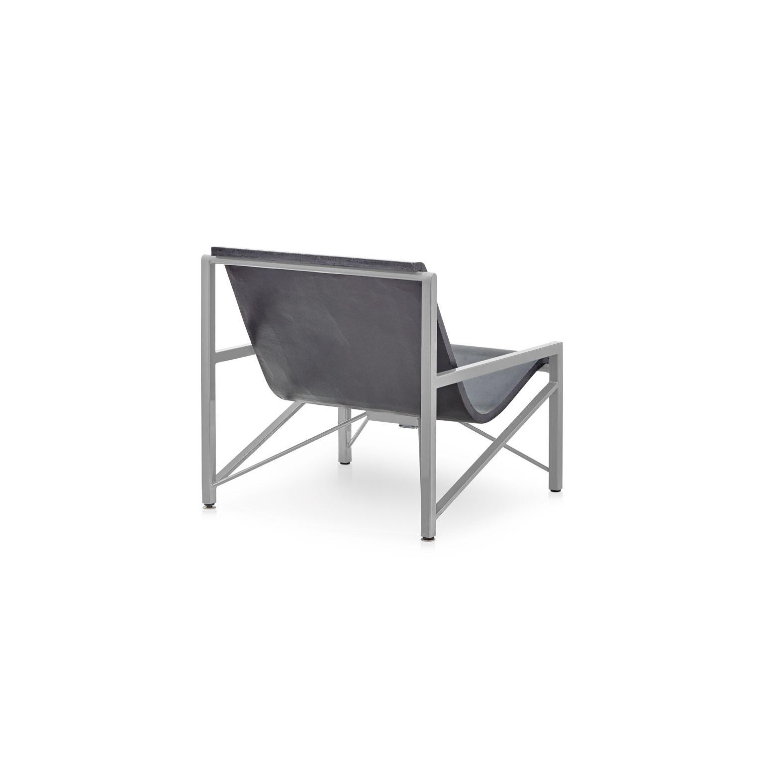 Inspired by a leather sling chair, the Evia Chair is an elegant piece of heated furniture made of cast stone and stainless steel by Galanter & Jones. Smooth like a river rock, the Helios warms your entire body with its efficient and comfortable