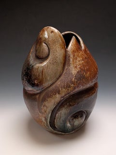 "Ash and Flame", vase contemporain, vert, bleu, grès, céramique, sculpture