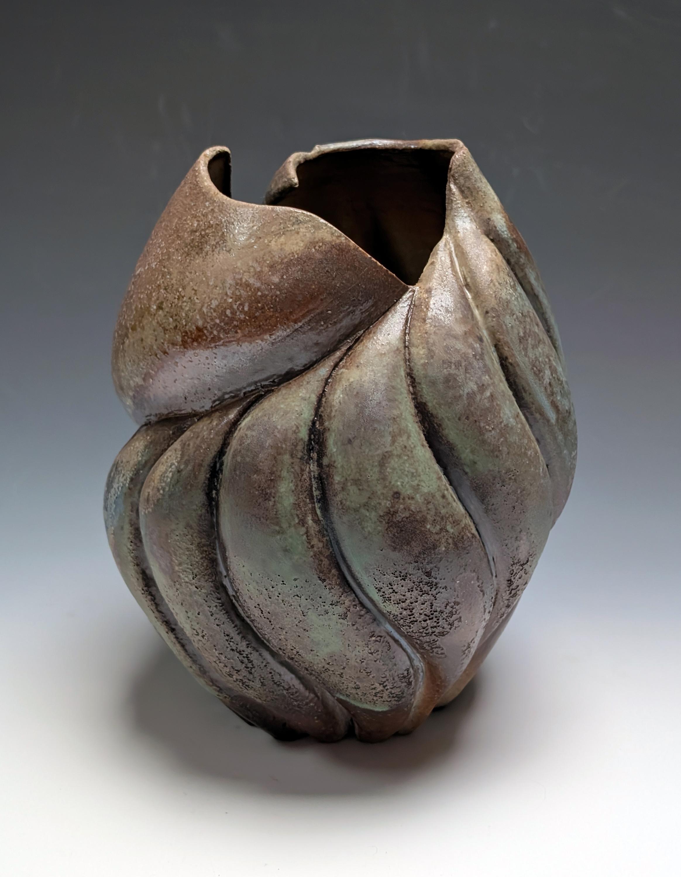 Heather A. F. Binder Abstract Sculpture - "The Quiet of Ash", Contemporary Vase, Green, Blue, Stoneware, Ceramic Sculpture