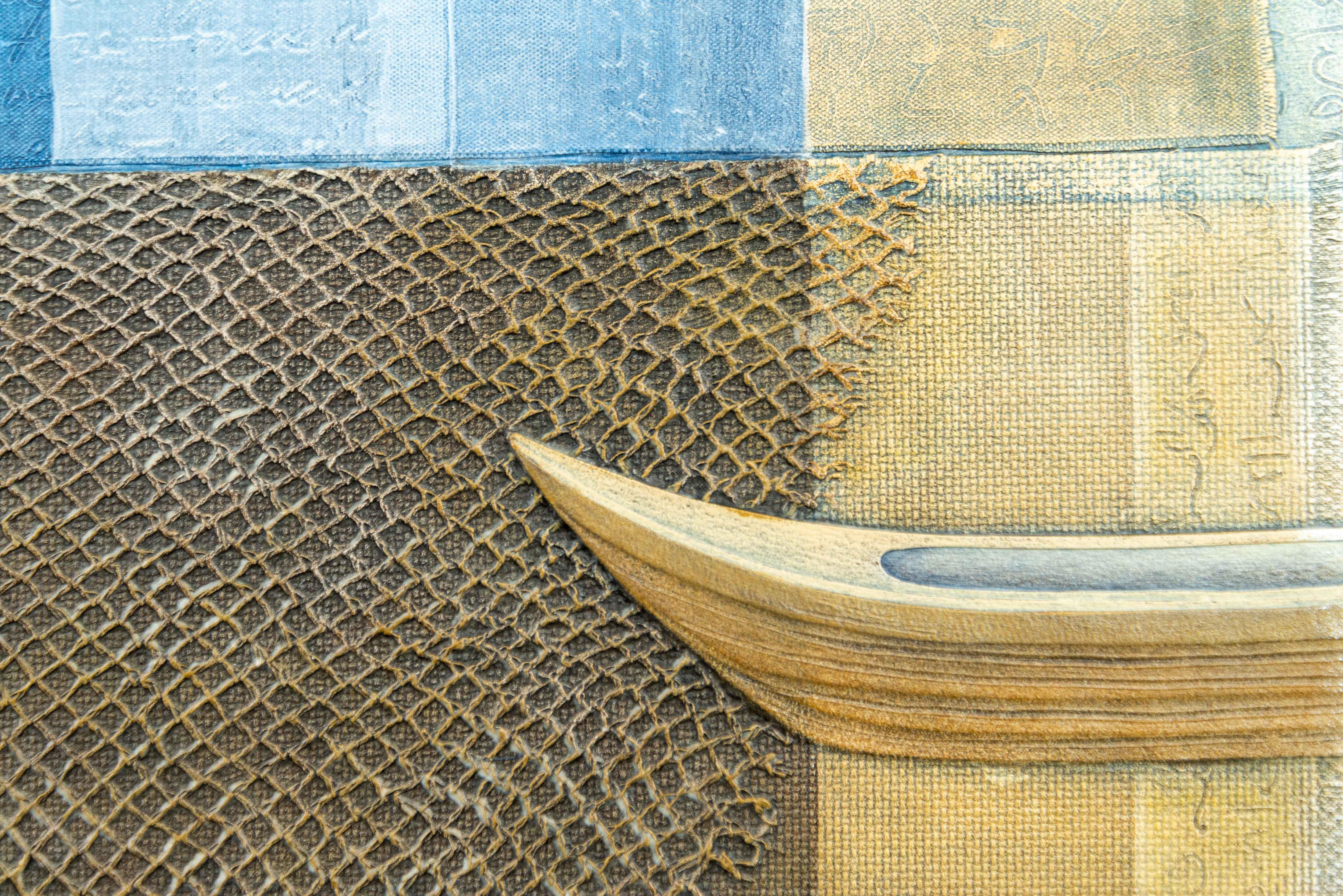 Simply gorgeous! Two canoe-shaped vessels appear to traverse the canvas in this recent series of enigmatic works by Heather Allen Hietala. The natural earthy colour palette of her acrylic and mixed media composition is accented by broad vertical