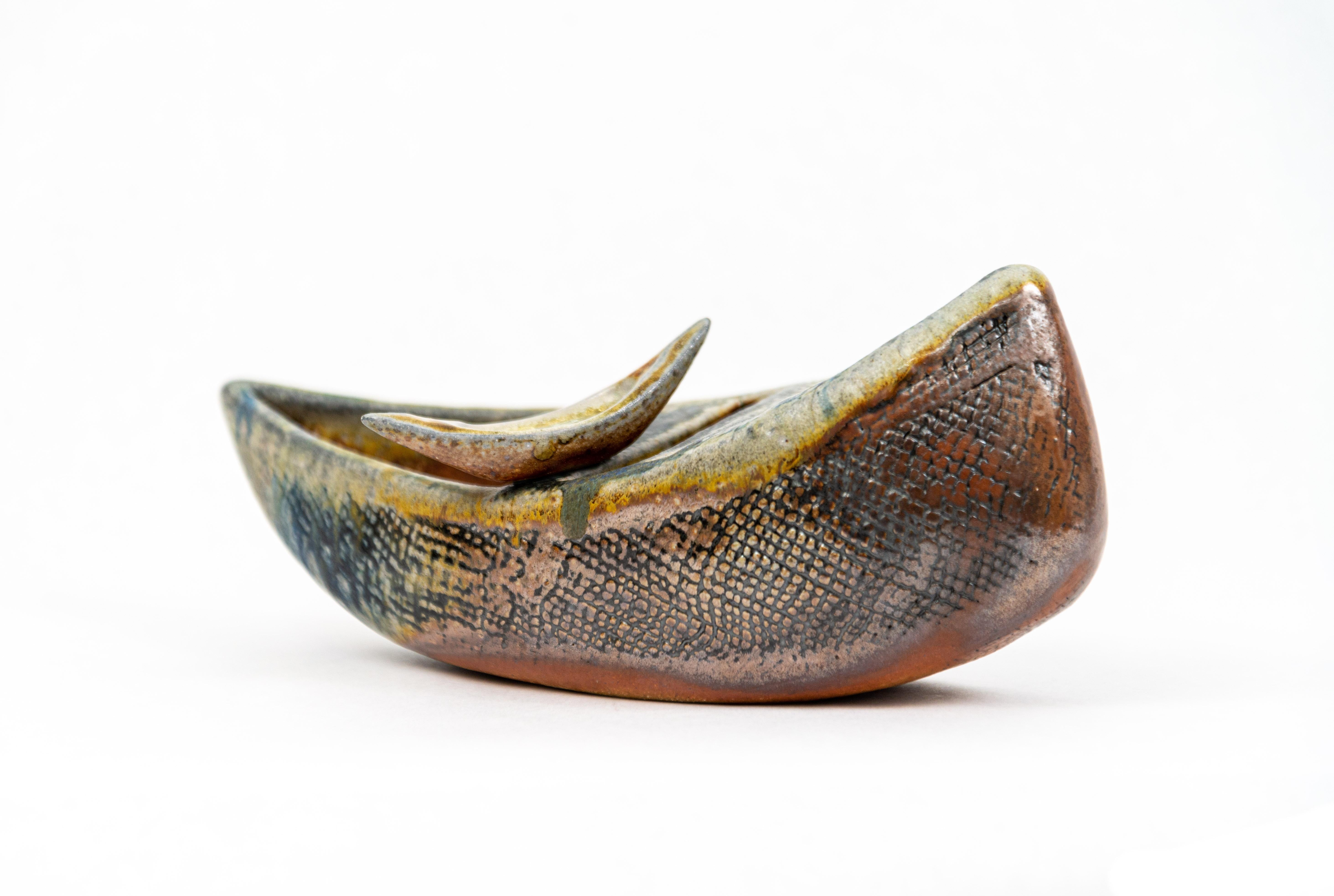 Embarking - detailed, inscribed, hand-built, vessel, glass, ceramic sculpture - Sculpture by Heather Allen Hietala
