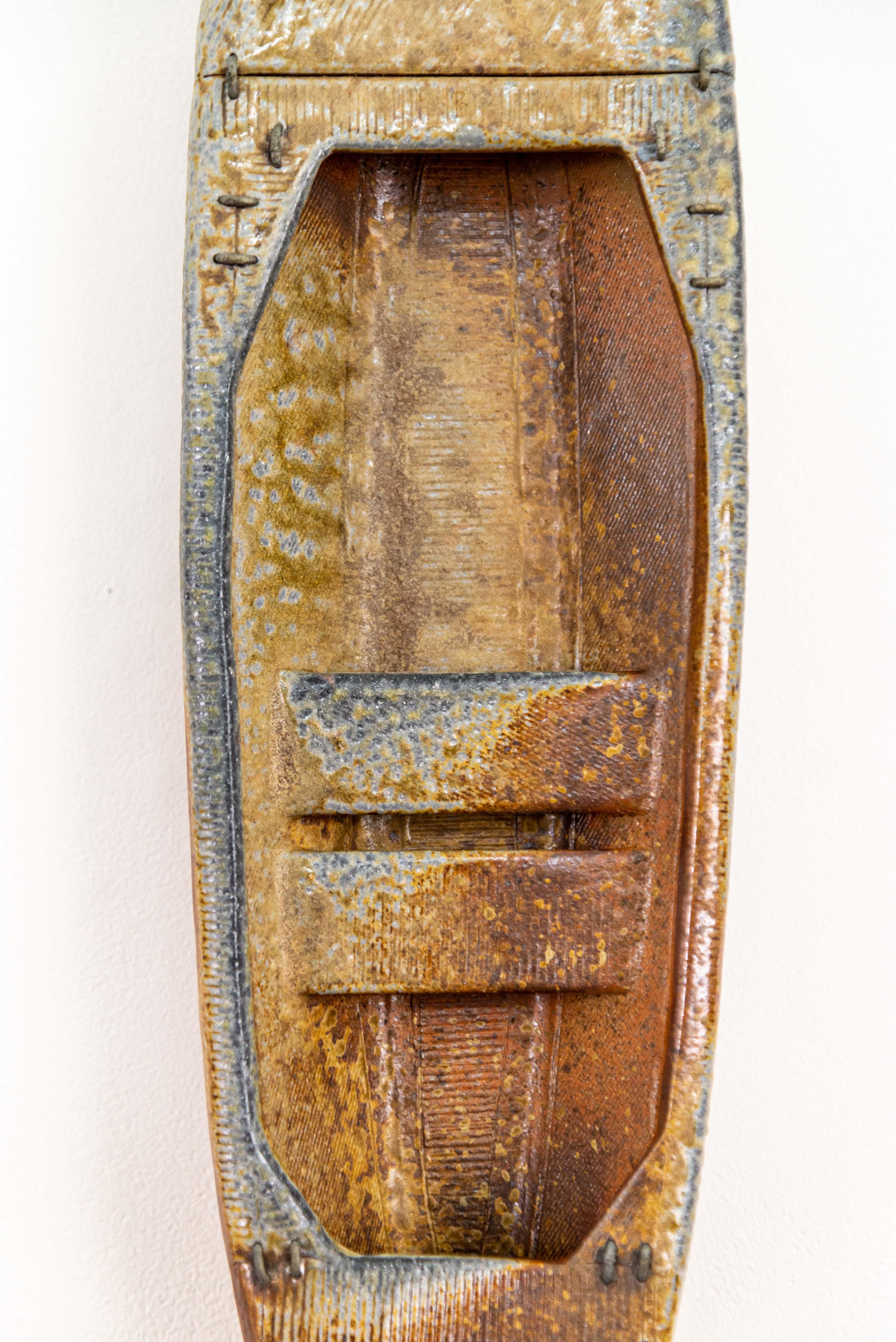 Navigating - hand crafted, inscribed, figurative, metal, ceramic wall sculpture 2