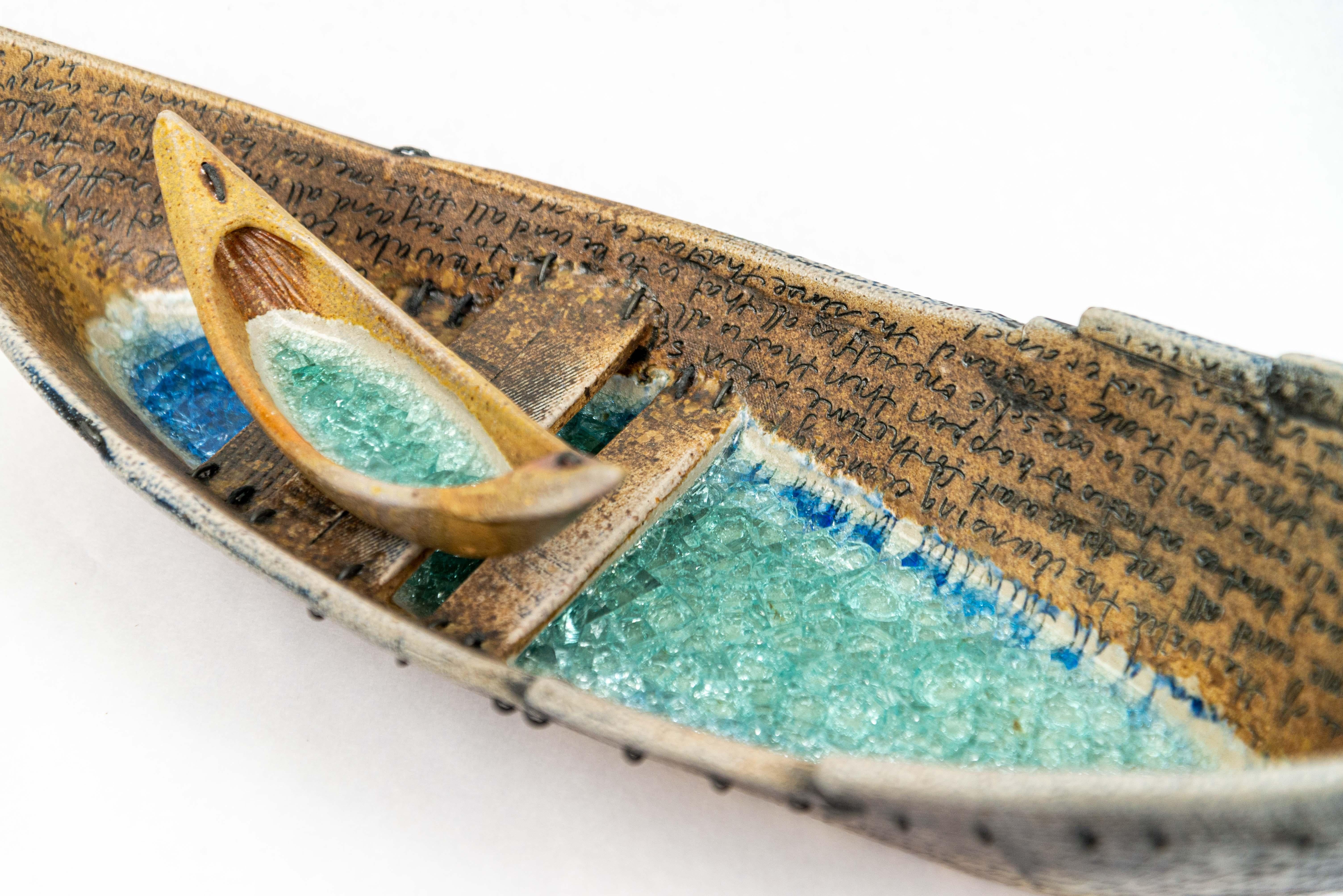 Uncharted - detailed, inscriptions, hand-built, vessel, glass, ceramic sculpture - Gray Figurative Sculpture by Heather Allen Hietala