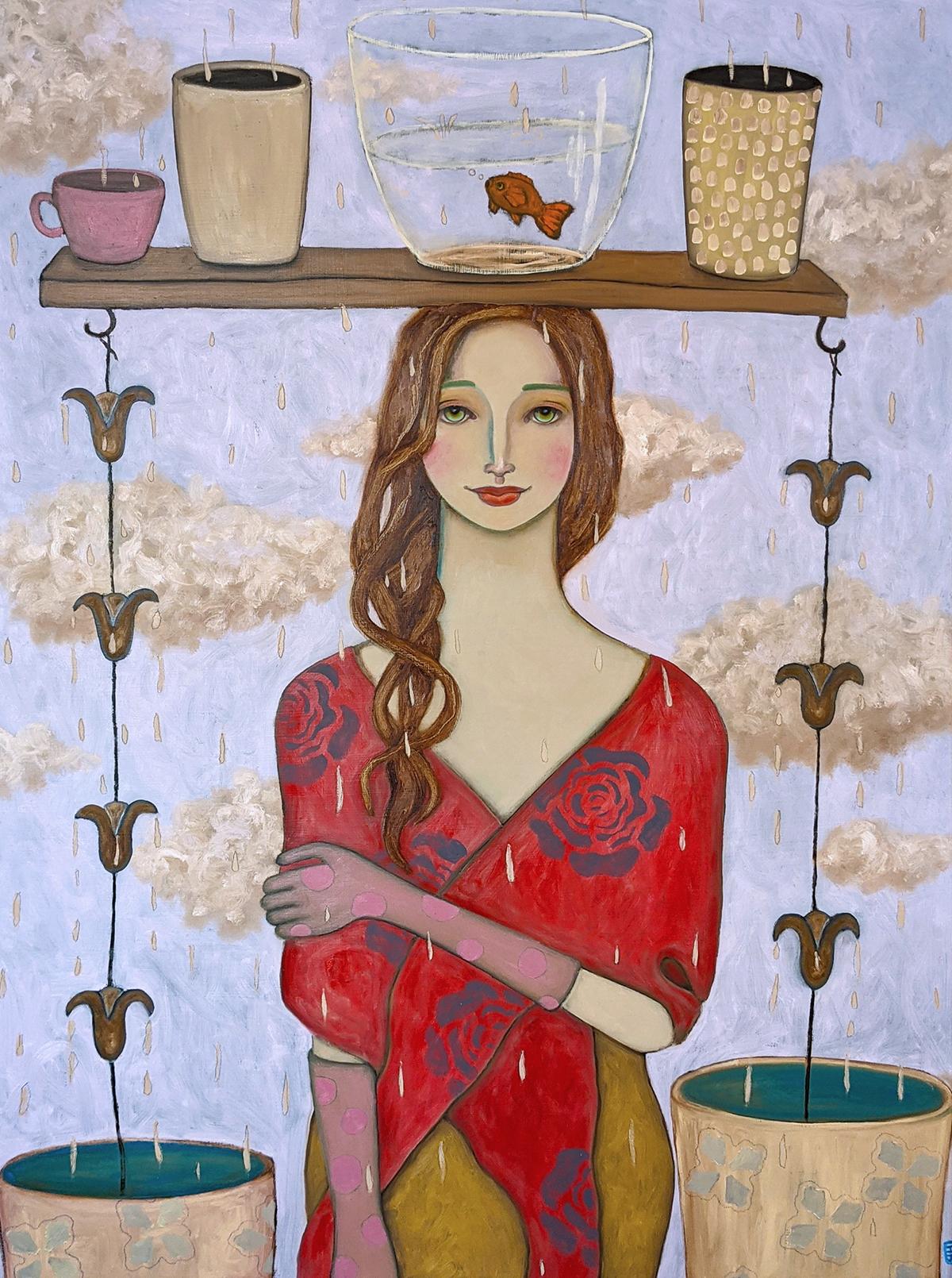Heather Barron Portrait Painting – Das Sammeln nach dem Regen