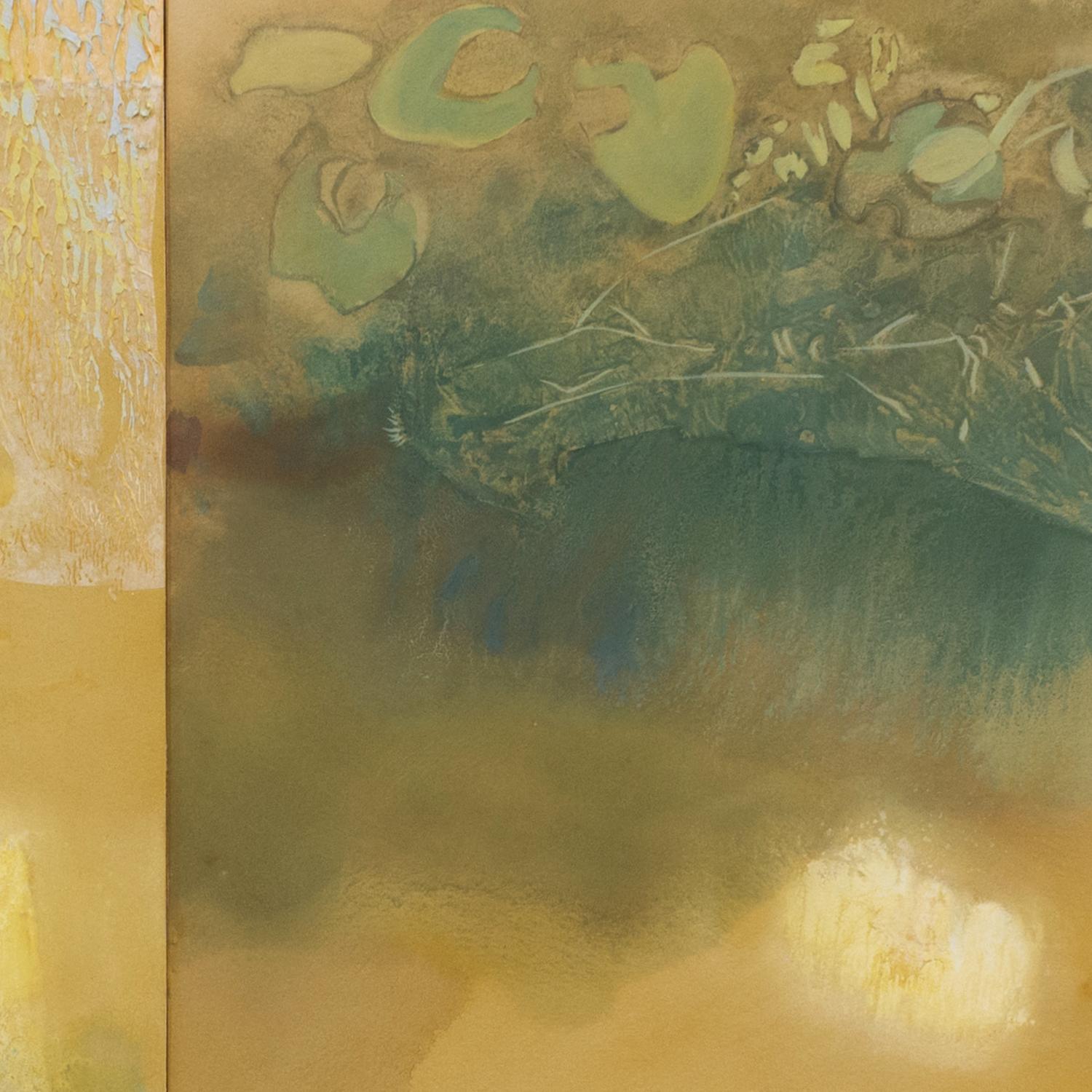 'Euclidean Unlearning' - abstract landscape, sublime, floral, green and yellow - Brown Abstract Painting by Heather Bird Harris