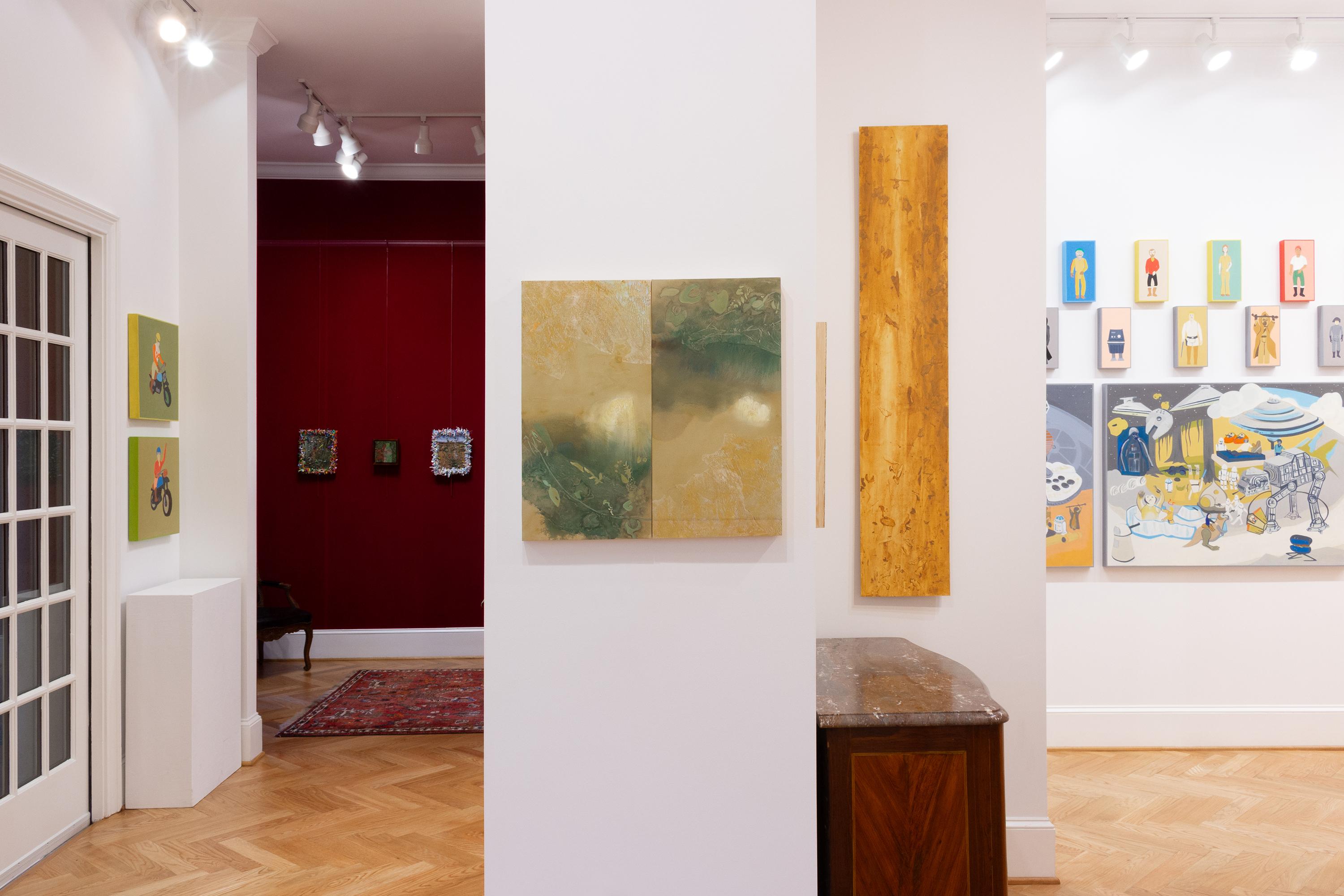 This painting features hues of green and yellow. It is a work on paper mounted to panel. The materials used are watercolors made with clay & weathering rind found in Georgia, copper oxide, watercolor & acrylic on paper mounted on panel, protected