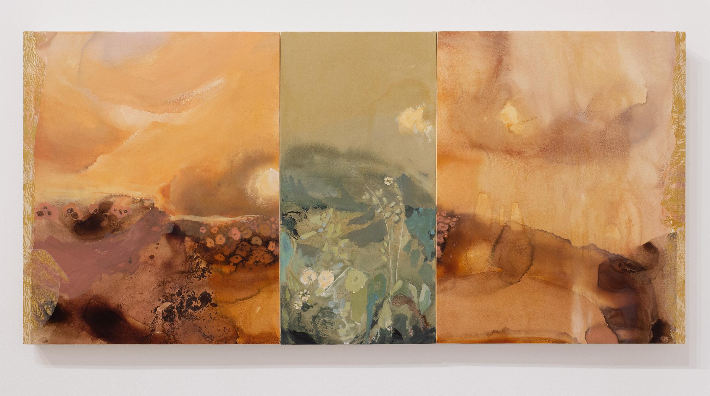 'How To Begin Again' - abstract landscape, sublime, floral, triptych - Painting by Heather Bird Harris