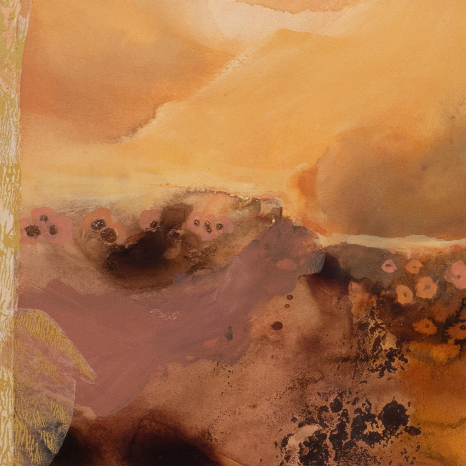 'How To Begin Again' - abstract landscape, sublime, floral, triptych - Brown Abstract Painting by Heather Bird Harris