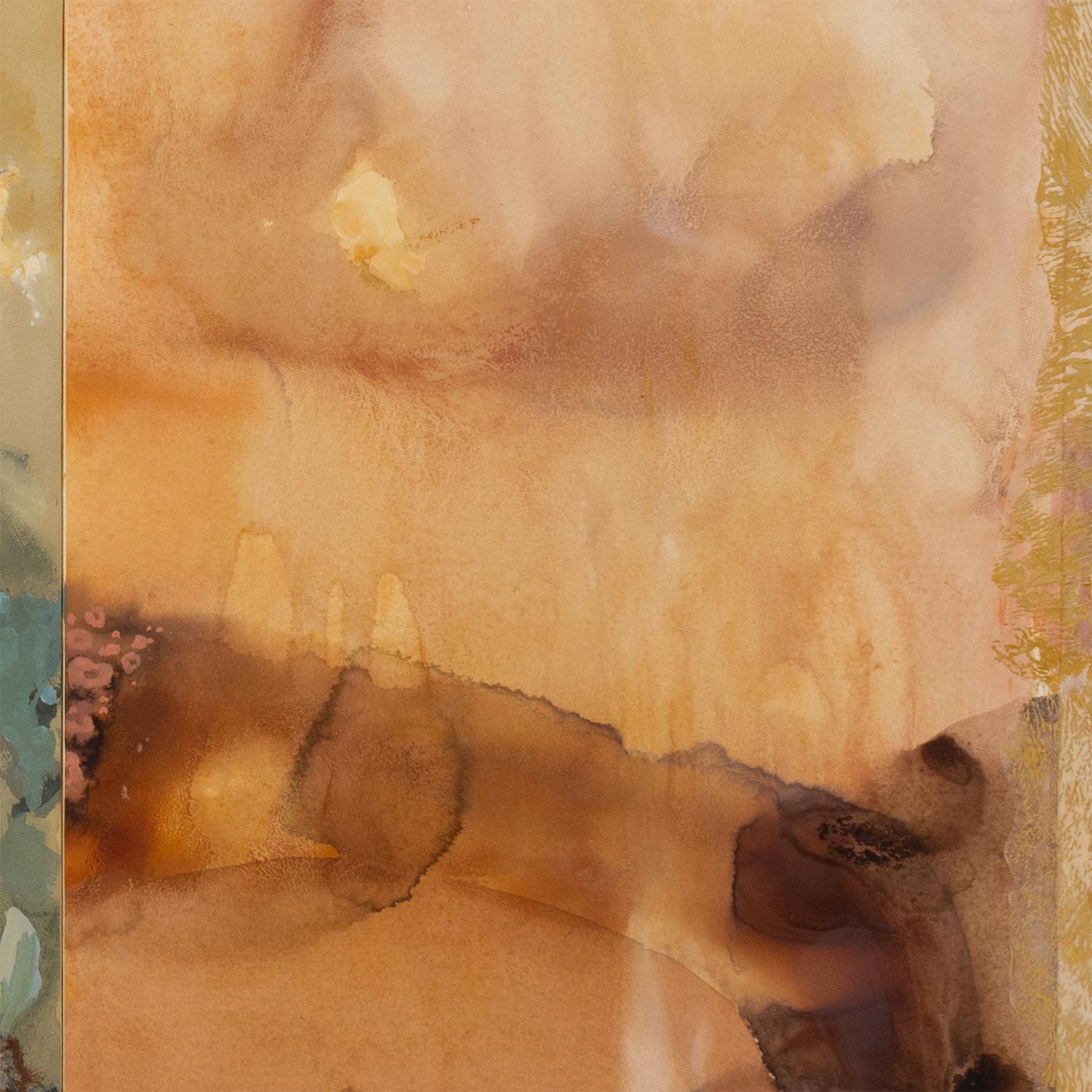 This painting features hues of green, yellow, pink and orange. It is a work on paper mounted to panel. The materials used are watercolors made with clay & weathering rind found in Georgia, copper oxide, watercolor & acrylic on paper mounted on