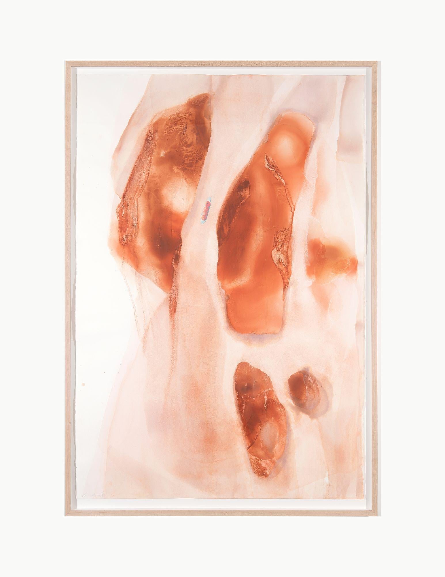 This painting features hues of pink and orange. Made of clay found in a tributary of the Mississippi River, red ochre, gouache & water on Saunders 640 gsm measuring 60 by 40 inches unframed. This piece is part of a recent show titled 