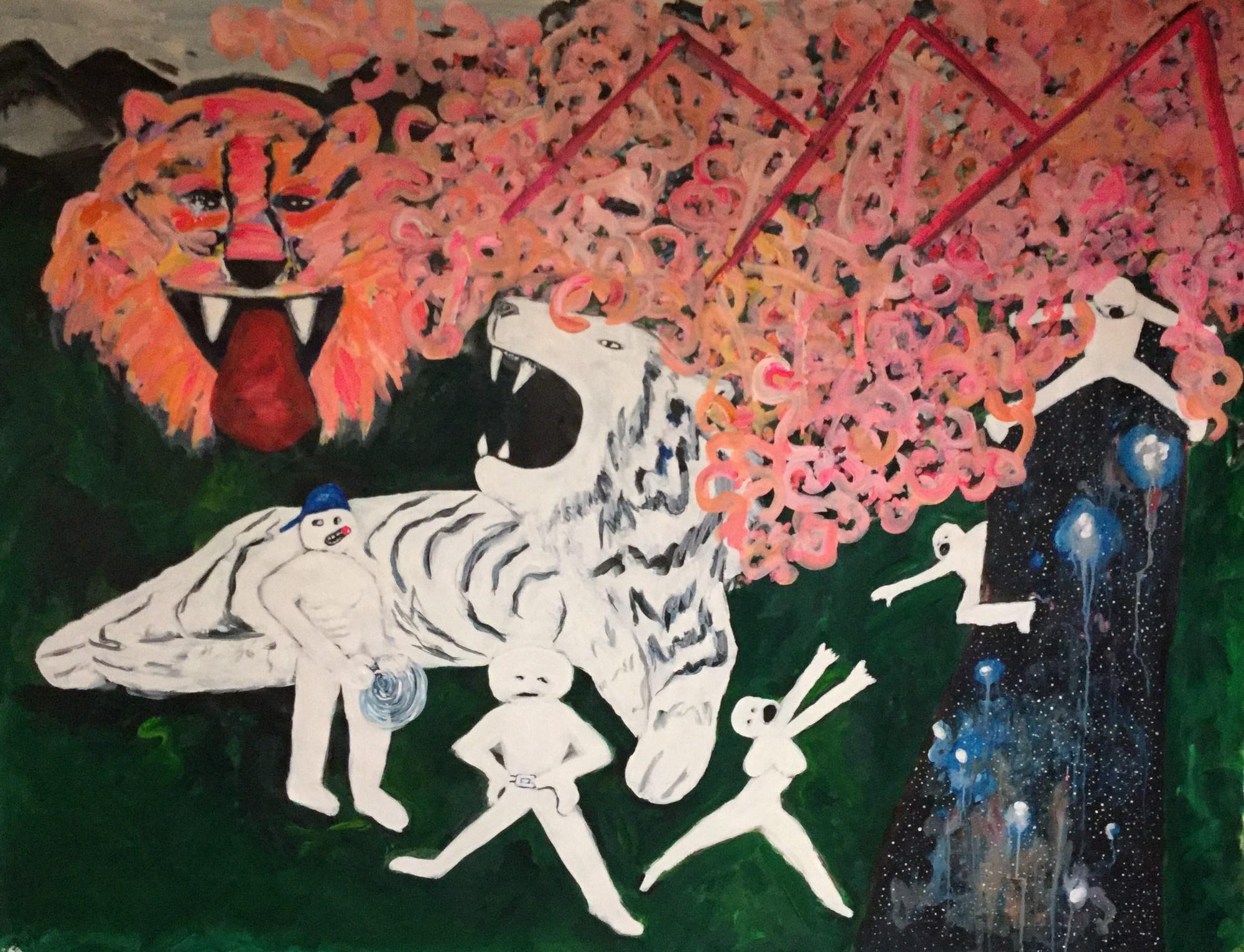 Heather Farrell Abstract Painting – Alles ist Sternschwanz: Bäume, Seilchen und Tiger