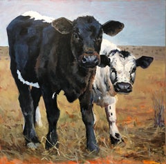 2 Youths (Contemporary western landscape embracing 2 youthful Angus cows.)