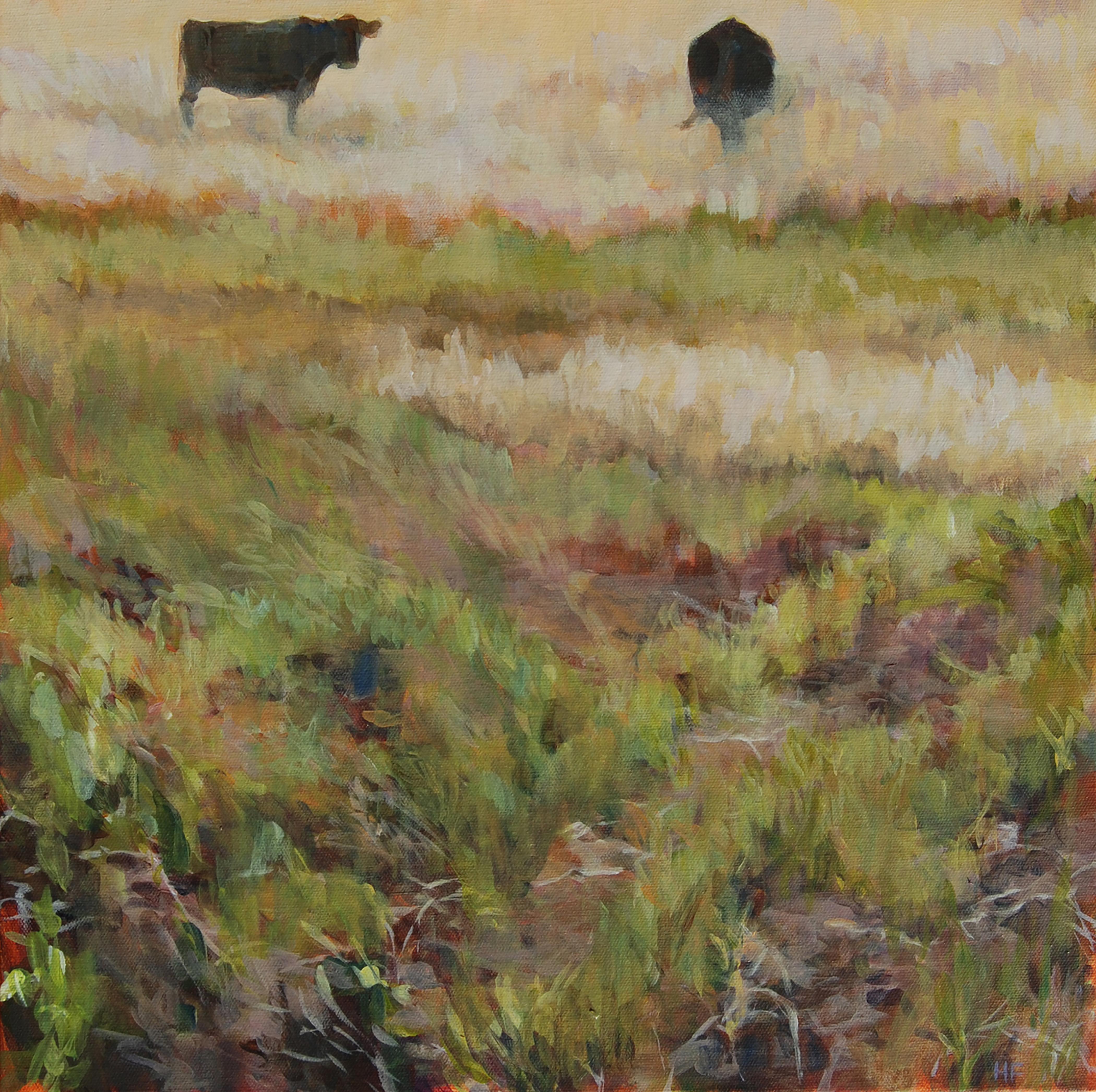 Heather Foster Animal Painting - Abiquiu Texture (Contemporary western landscape of cows & vivid lush grasses)