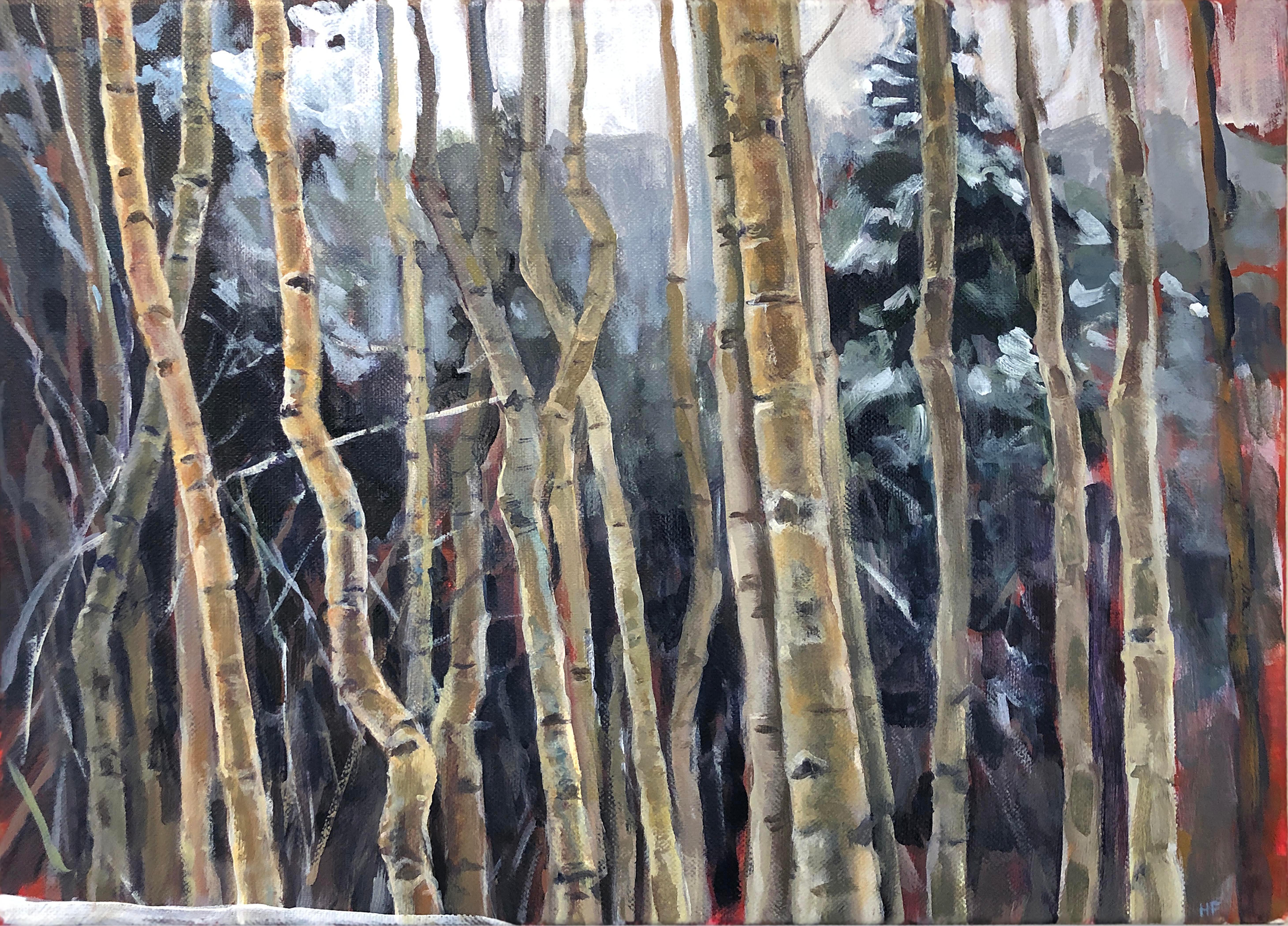 Aspens in Snow (Contemporary western landscape with snow dusted Aspen trees) - Painting by Heather Foster