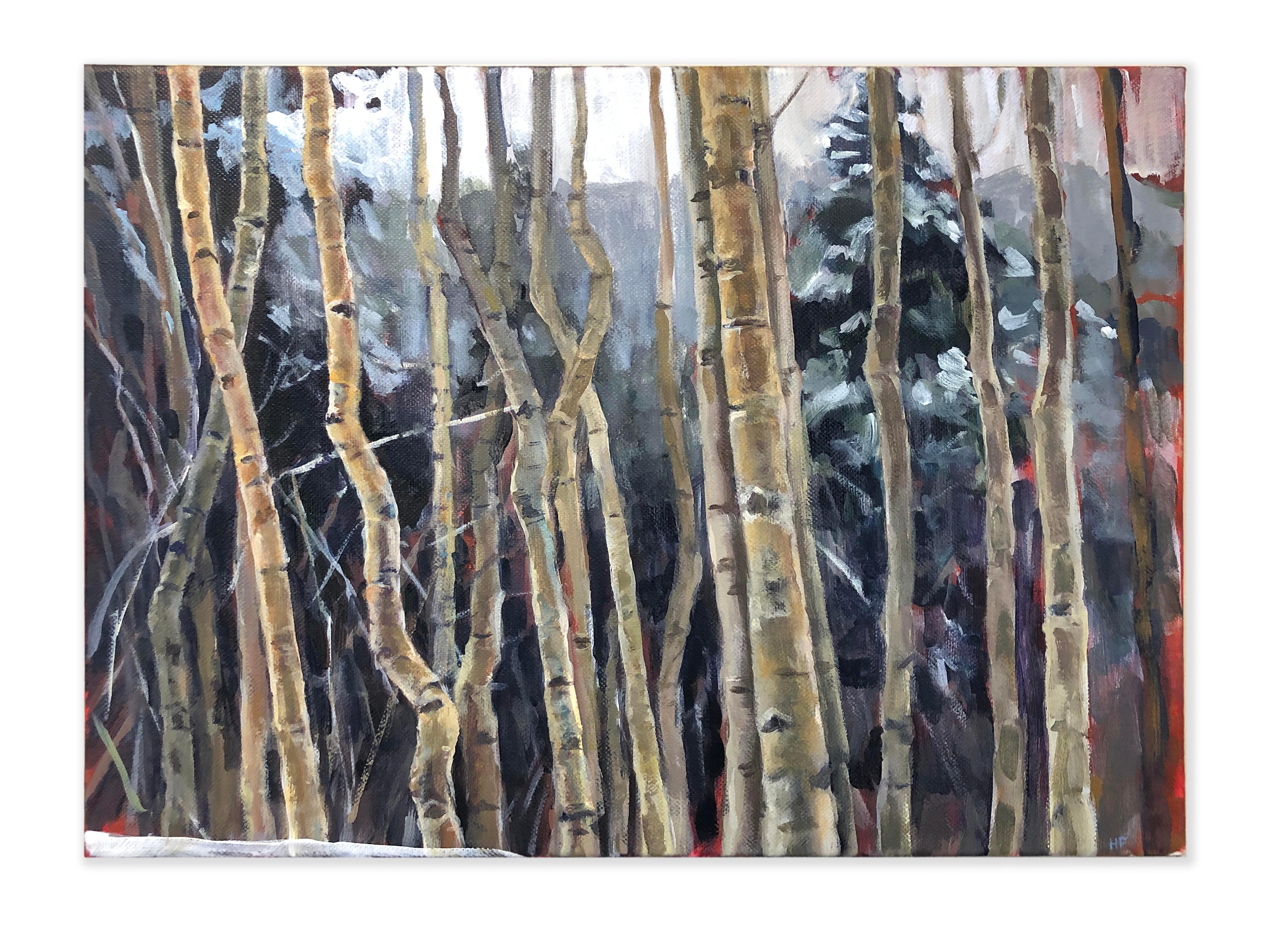 Heather Foster Landscape Painting - Aspens in Snow (Contemporary western landscape with snow dusted Aspen trees)
