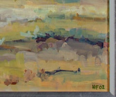 Contemporary landscape oil painting cows grass field mountain scene