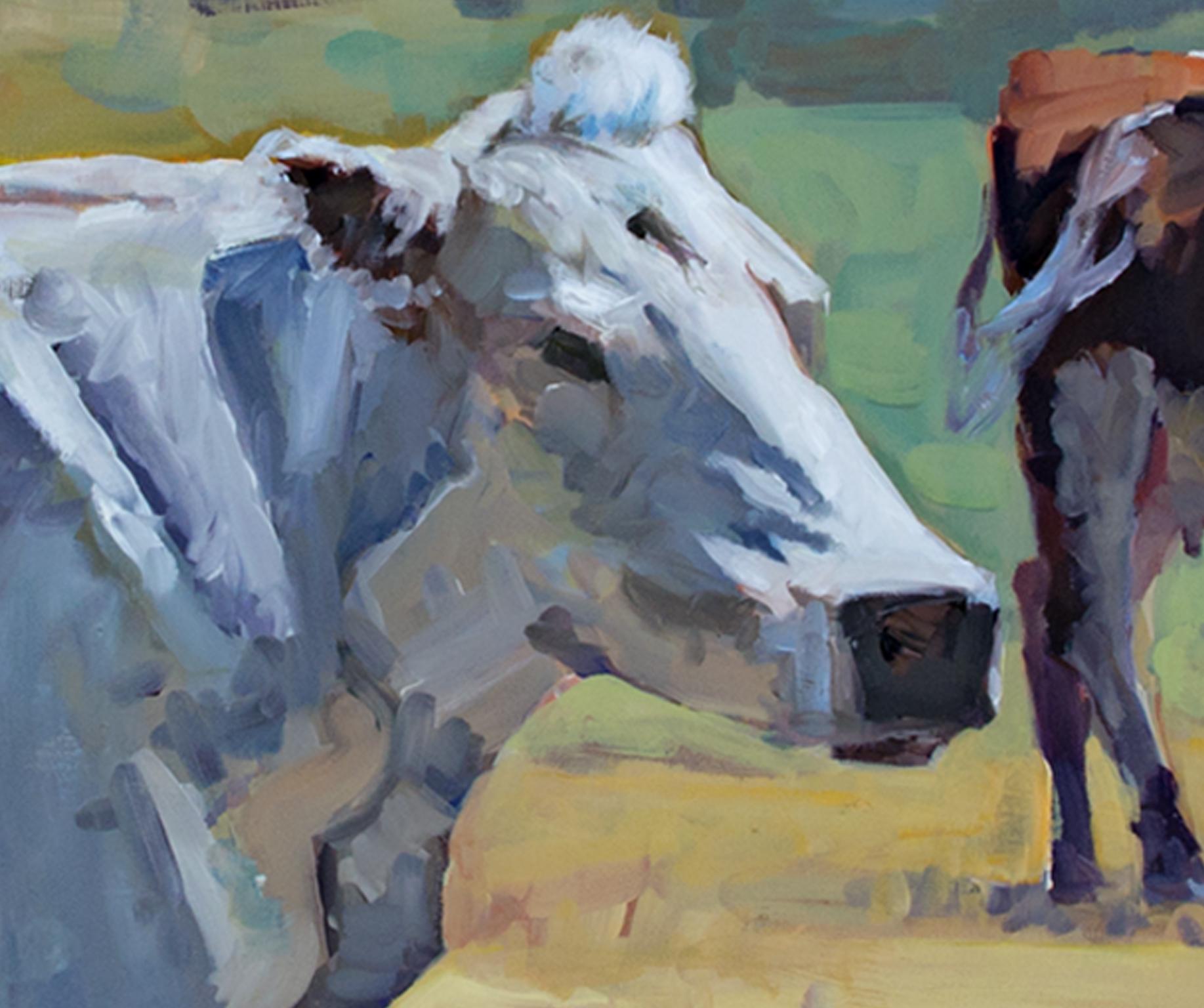 Paisaje contemporáneo pintura al óleo vacas campo de hierba escena de montaña - Animal Painting Gris de Heather Foster