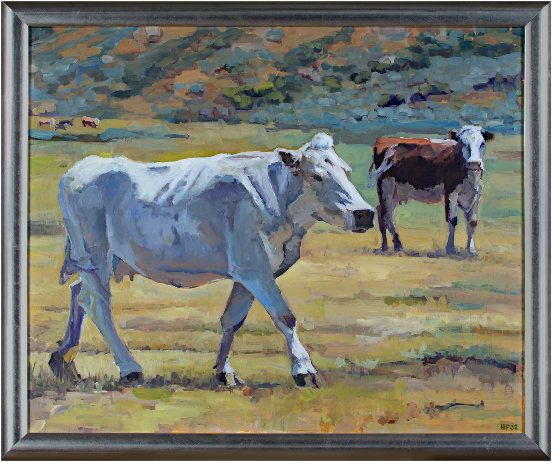 Contemporary landscape oil painting cows grass field mountain scene - Gray Animal Painting by Heather Foster