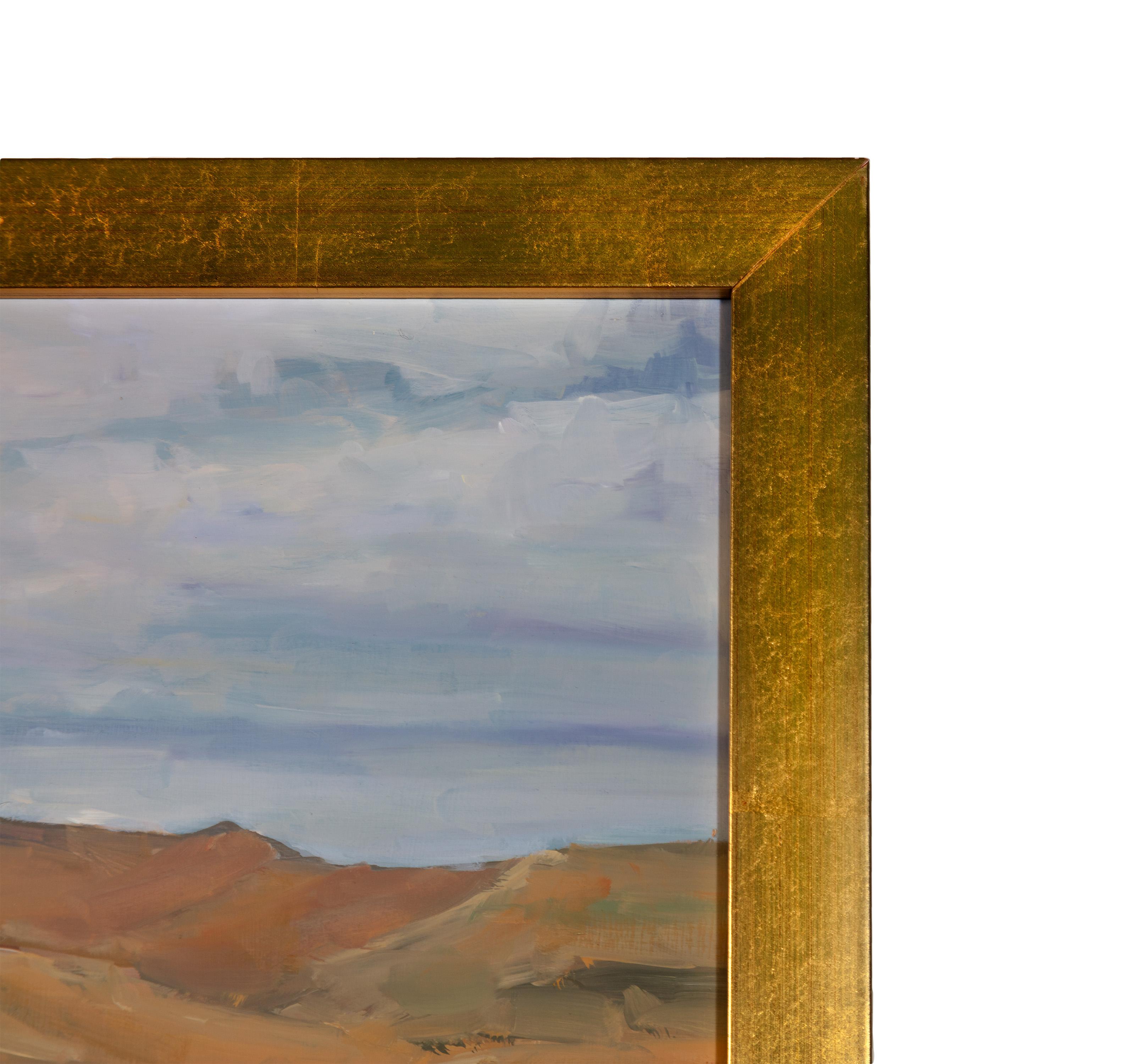 Paysage contemporain peinture à l'huile silhouette de vache montagne champ prairie ciel en vente 2