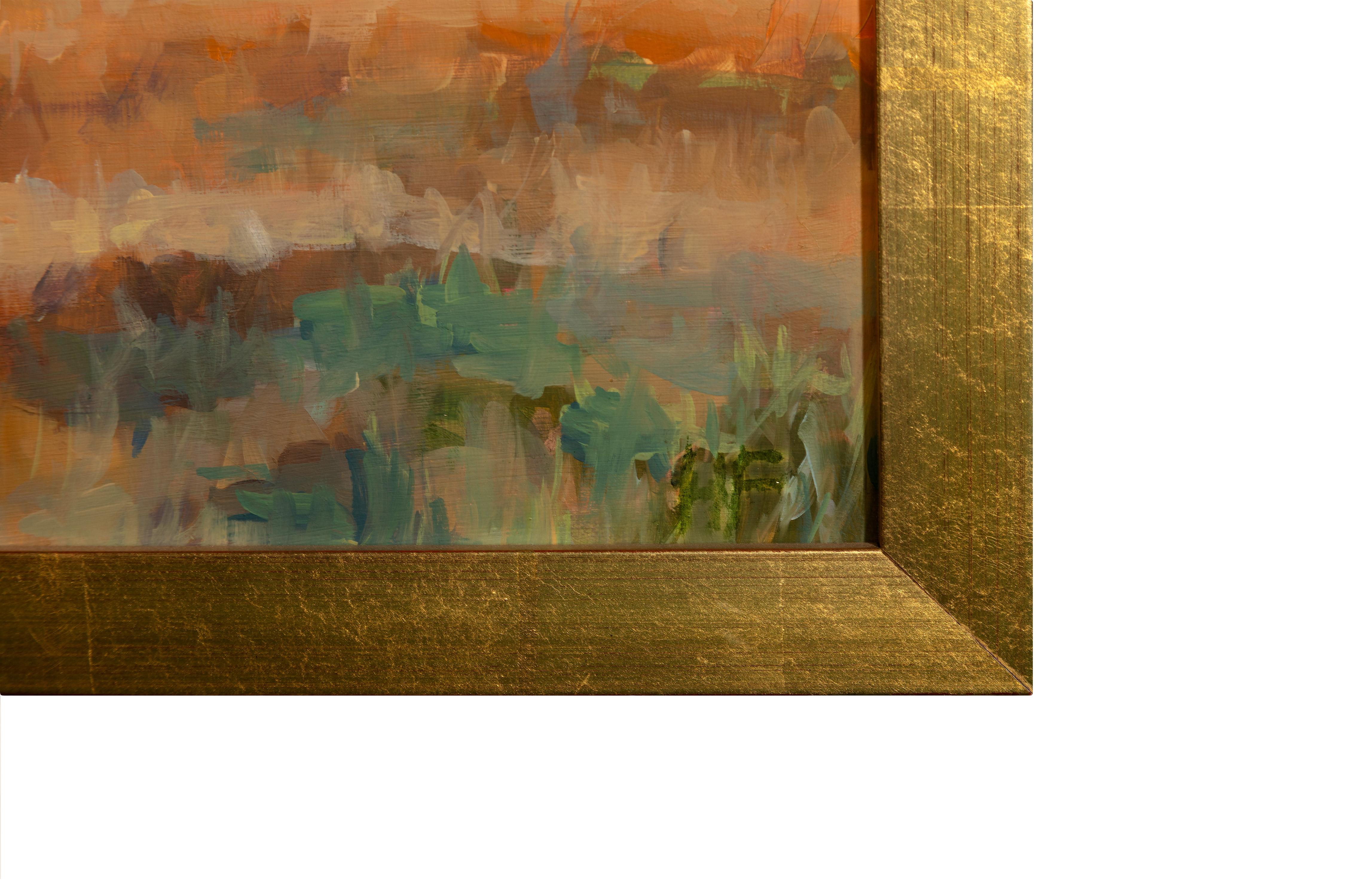 Paysage contemporain peinture à l'huile silhouette de vache montagne champ prairie ciel en vente 3