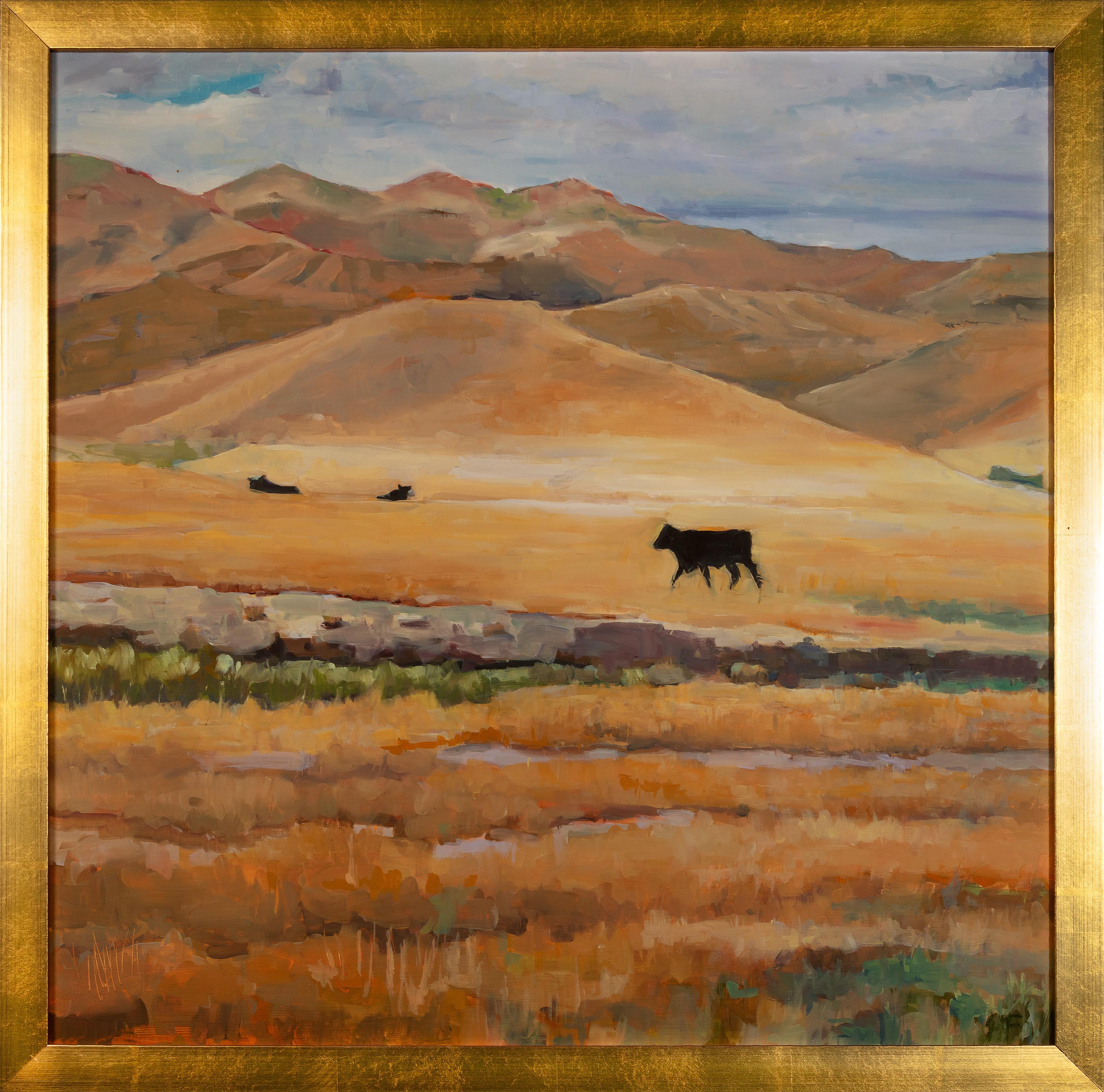 Landscape Painting Heather Foster - Paysage contemporain peinture à l'huile silhouette de vache montagne champ prairie ciel
