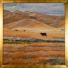 Contemporary landscape oil painting cow silhouette mountain field grassland sky