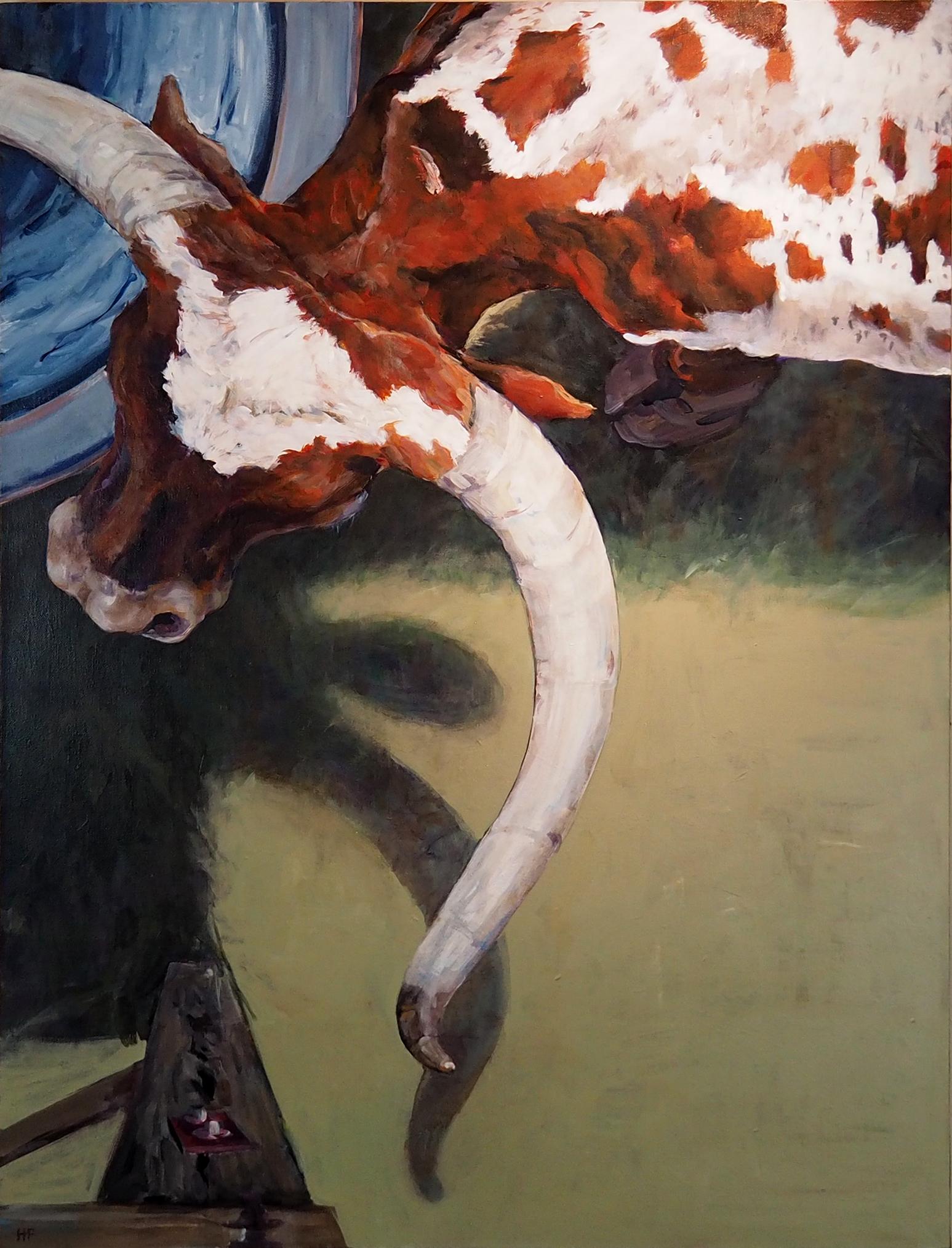 Heather Foster Landscape Painting - Drink from Above (Contemporary animal portrait of bull in western landscape)