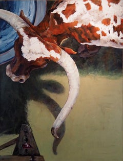 Drink from Above (Contemporary animal portrait of bull in western landscape)