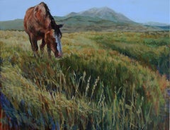 Mountains of Back (grazing horse, mountains, sunlit grasses, brown, green, gold)
