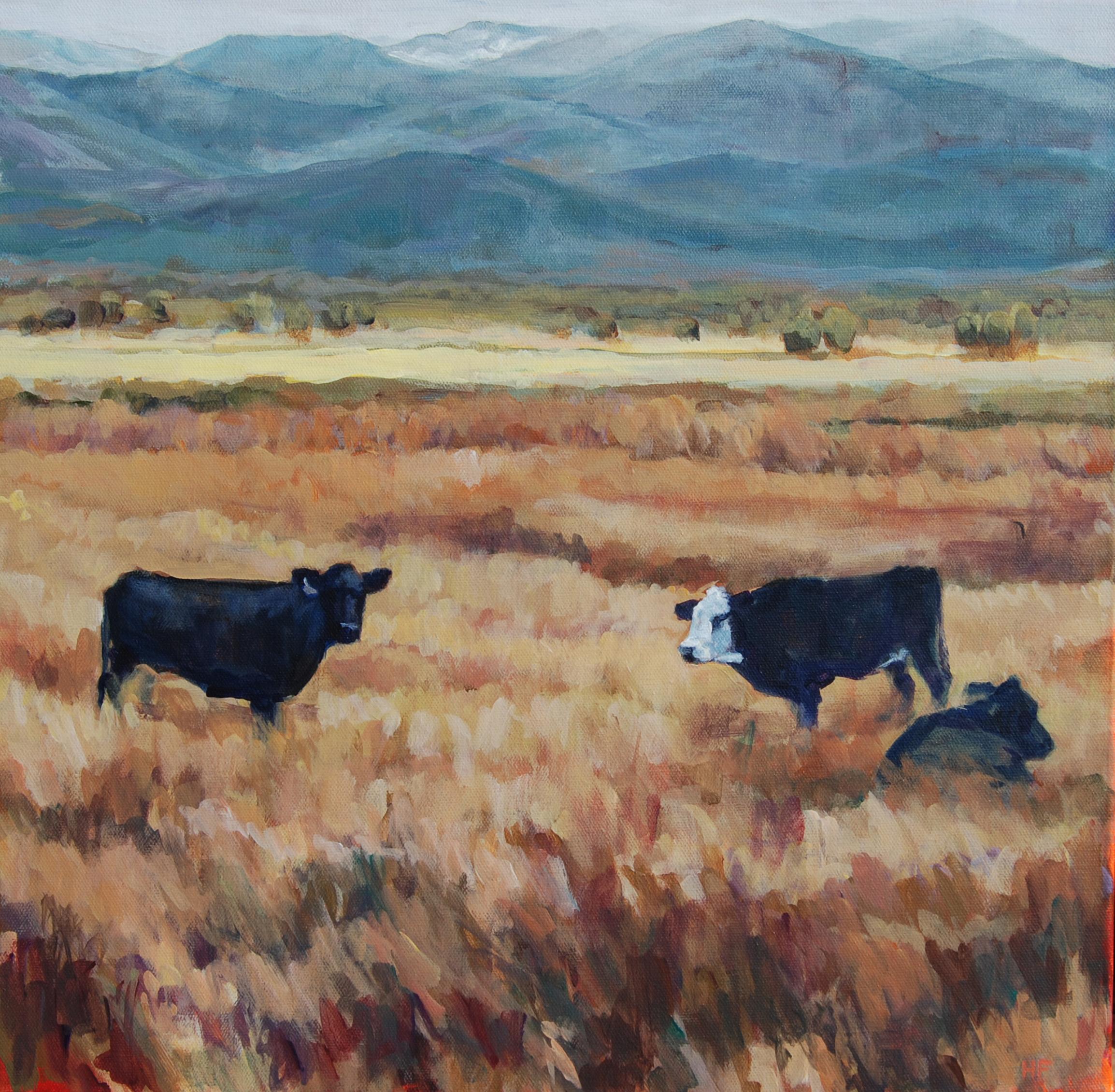 Heather Foster Animal Painting - Salida Three (Contemporary western Fall landscape with cows & mountain horizon.)