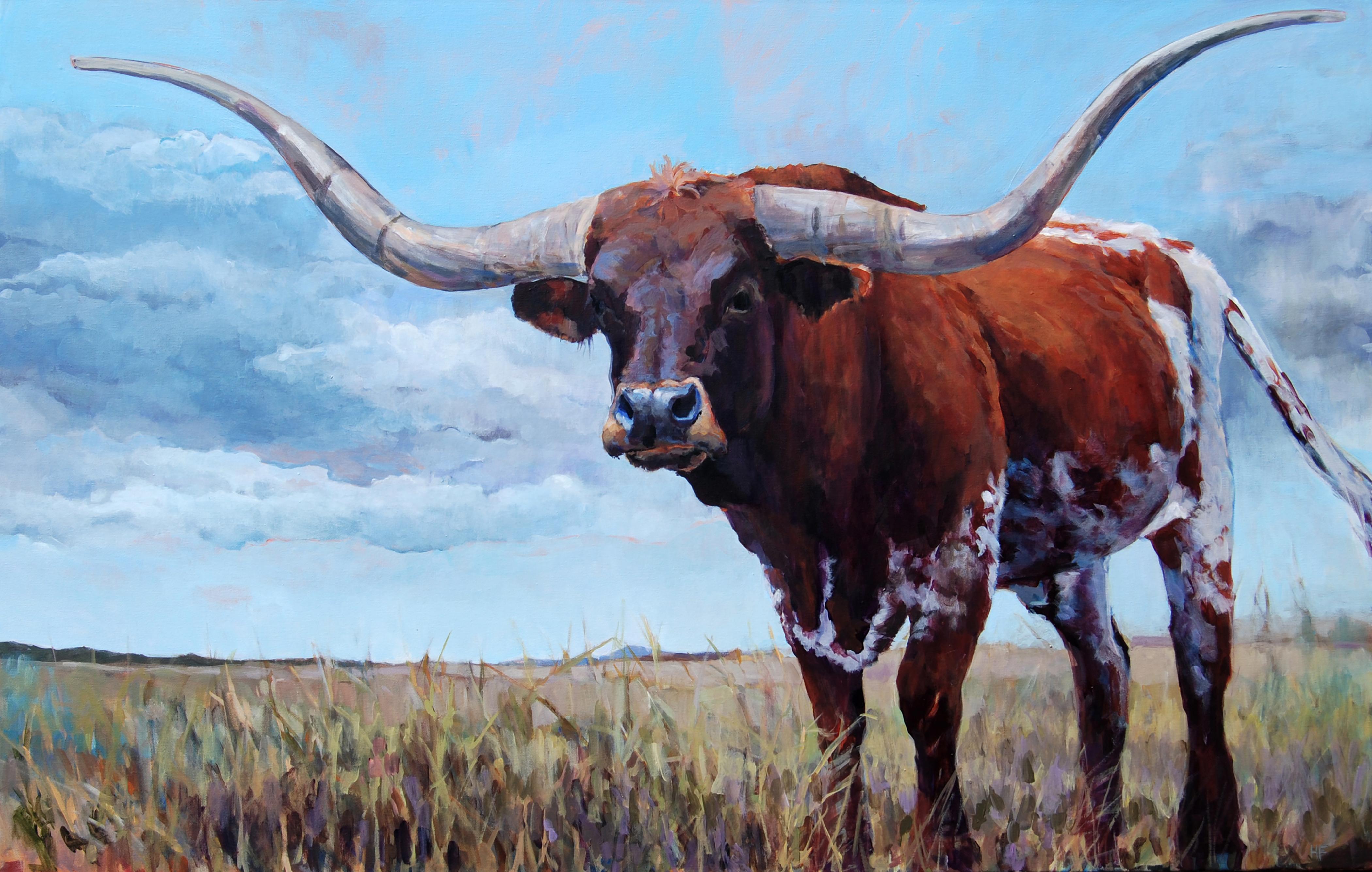 Heather Foster Animal Painting - Social Distance (Contemporary western landscape capturing a Texas longhorn cow.)
