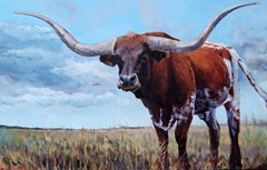 Social Distance (Contemporary western landscape capturing a Texas longhorn cow.)