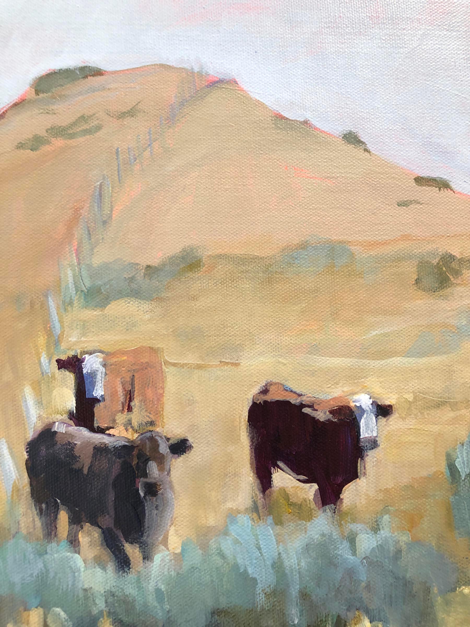 Tall Grass (cows, pasture, golden grasses, sage, tan, pink toned sky) - Painting by Heather Foster