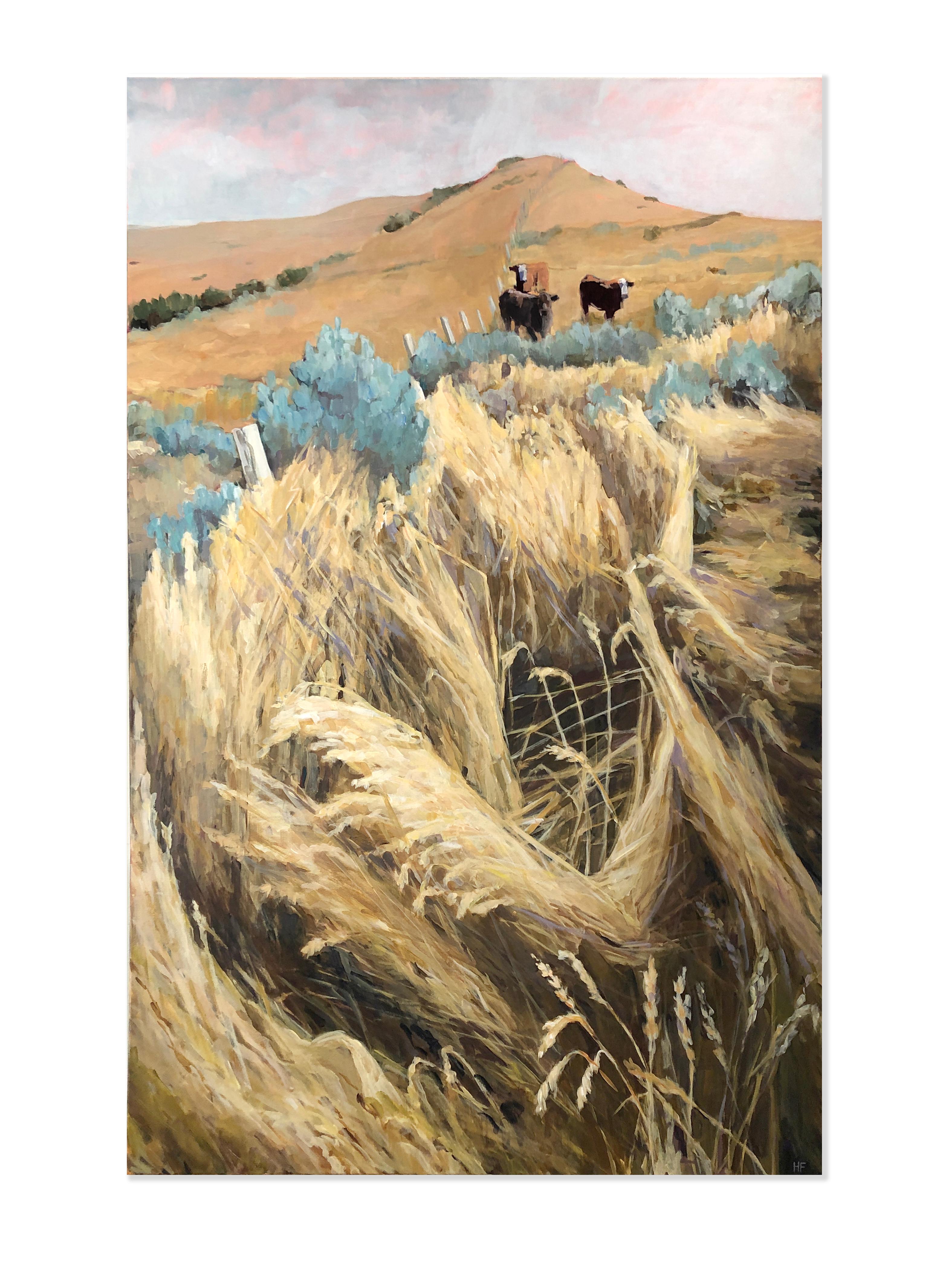 Tall Grass (cows, pasture, golden grasses, sage, tan, pink toned sky) - Beige Landscape Painting by Heather Foster
