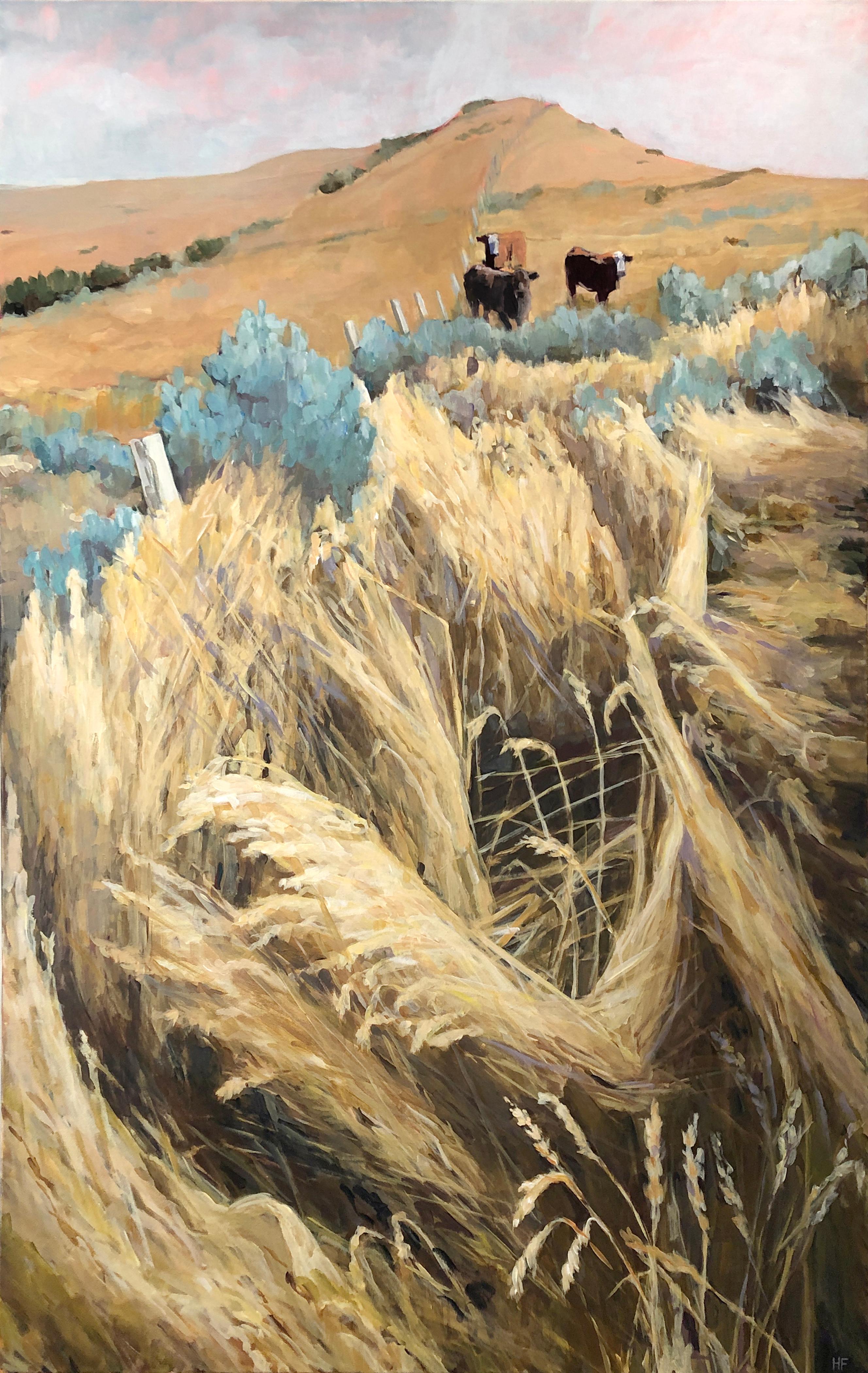 Heather Foster Landscape Painting - Tall Grass (cows, pasture, golden grasses, sage, tan, pink toned sky)