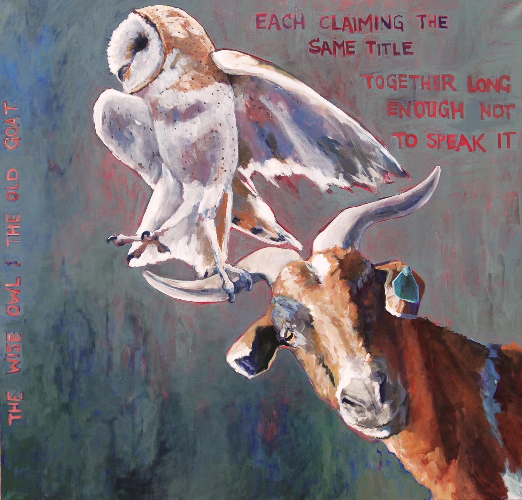 Heather Foster Animal Painting - The Wise Owl & the Old Goat (Contemporary animal portrait with whimsical verse)